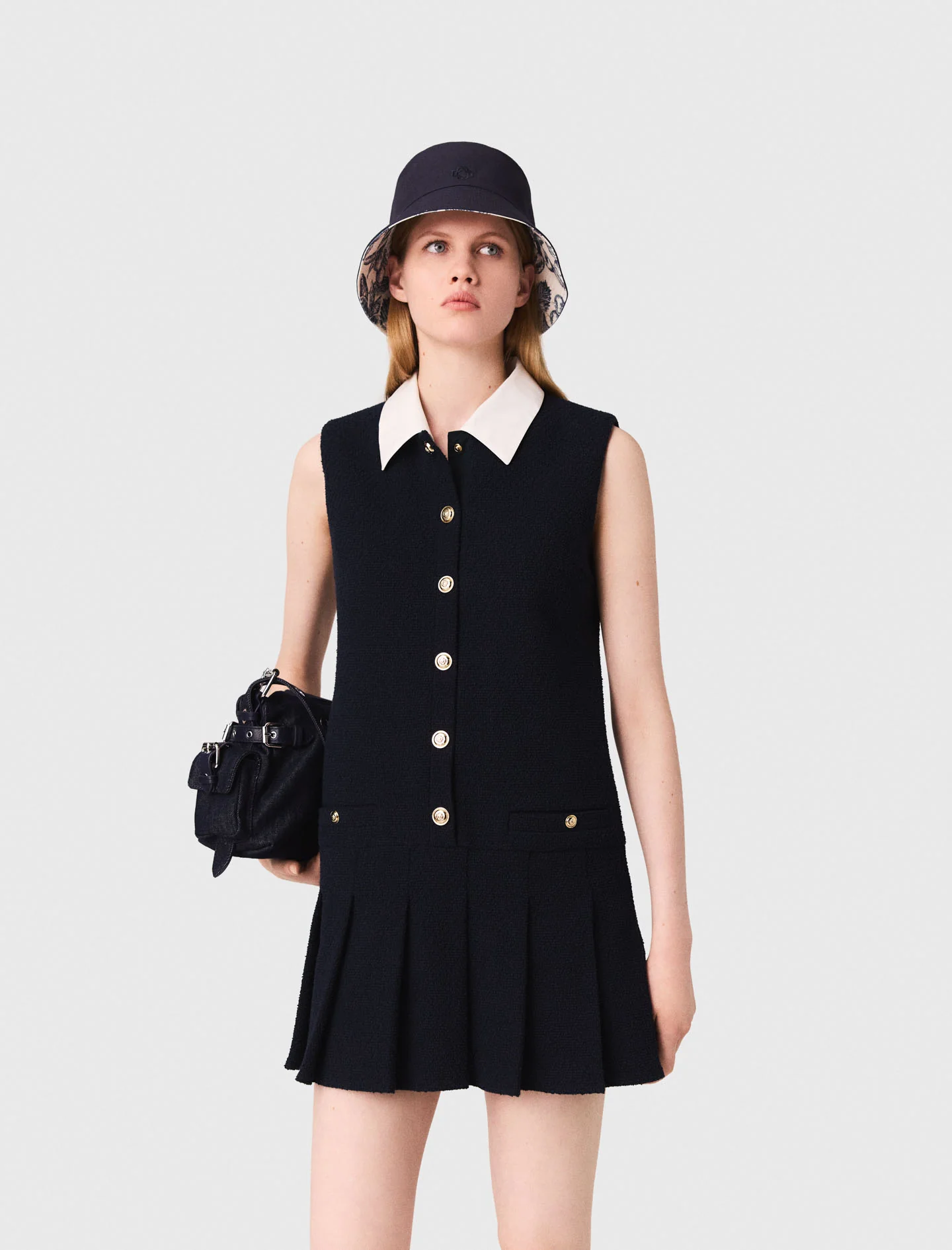 Short tweed dress, removable collar Navy - Image 3