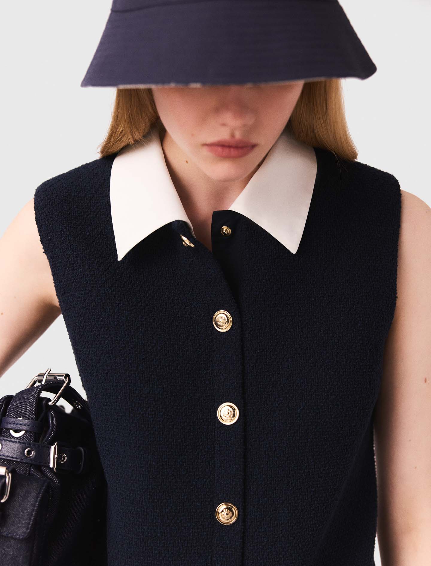 Short tweed dress, removable collar Navy - Image 5