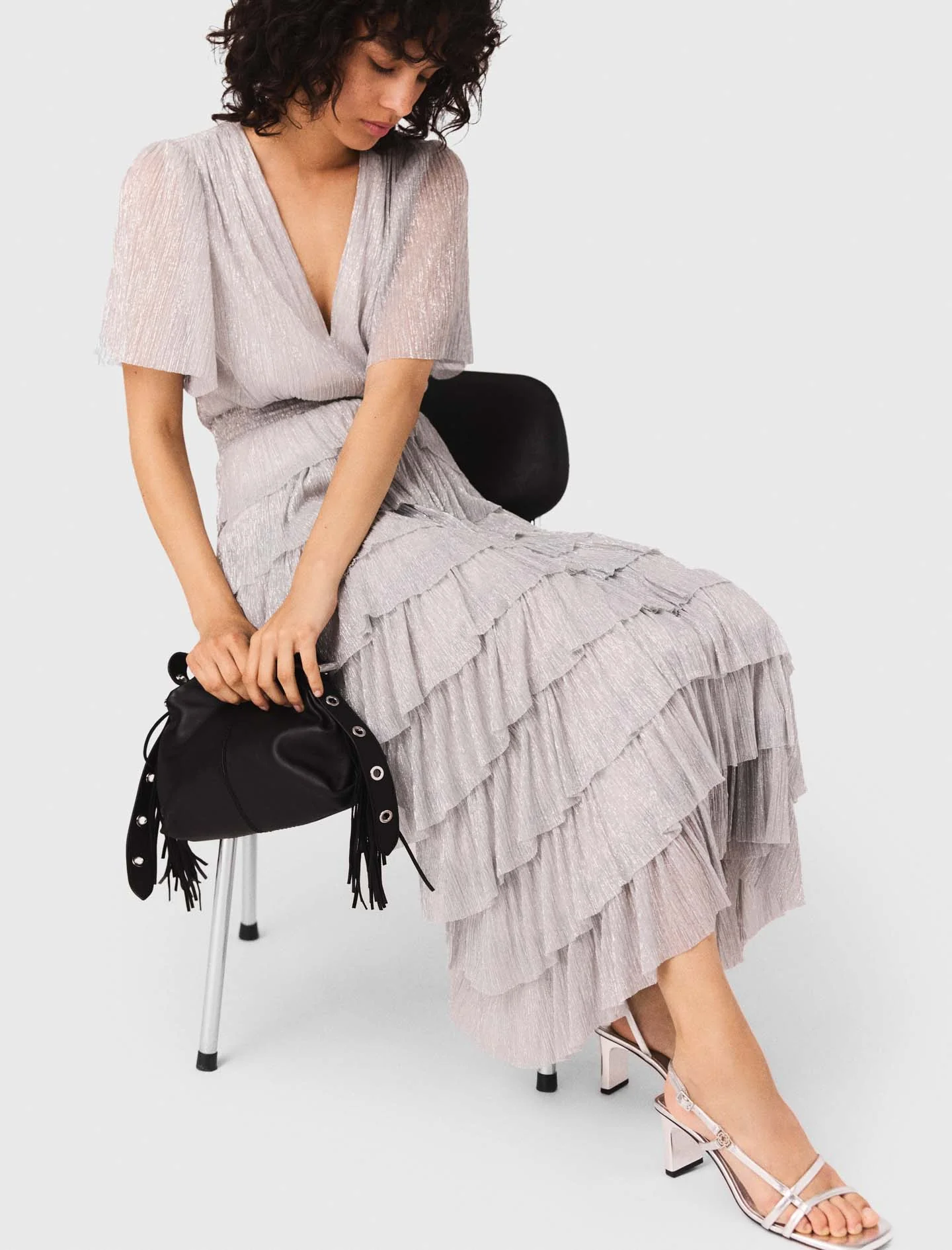 Metallic ruffled midi dress Silver - Image 5
