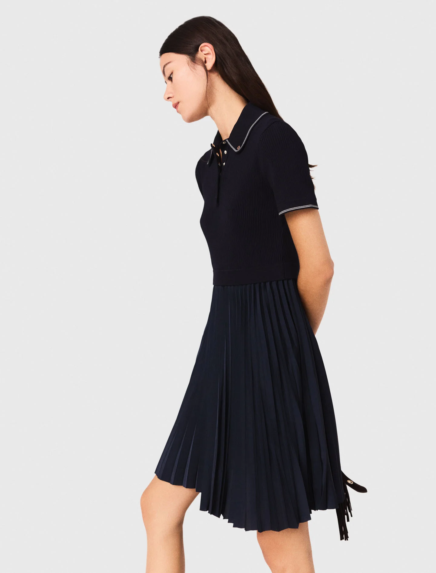 Short pleated polo collar dress Navy - Image 2