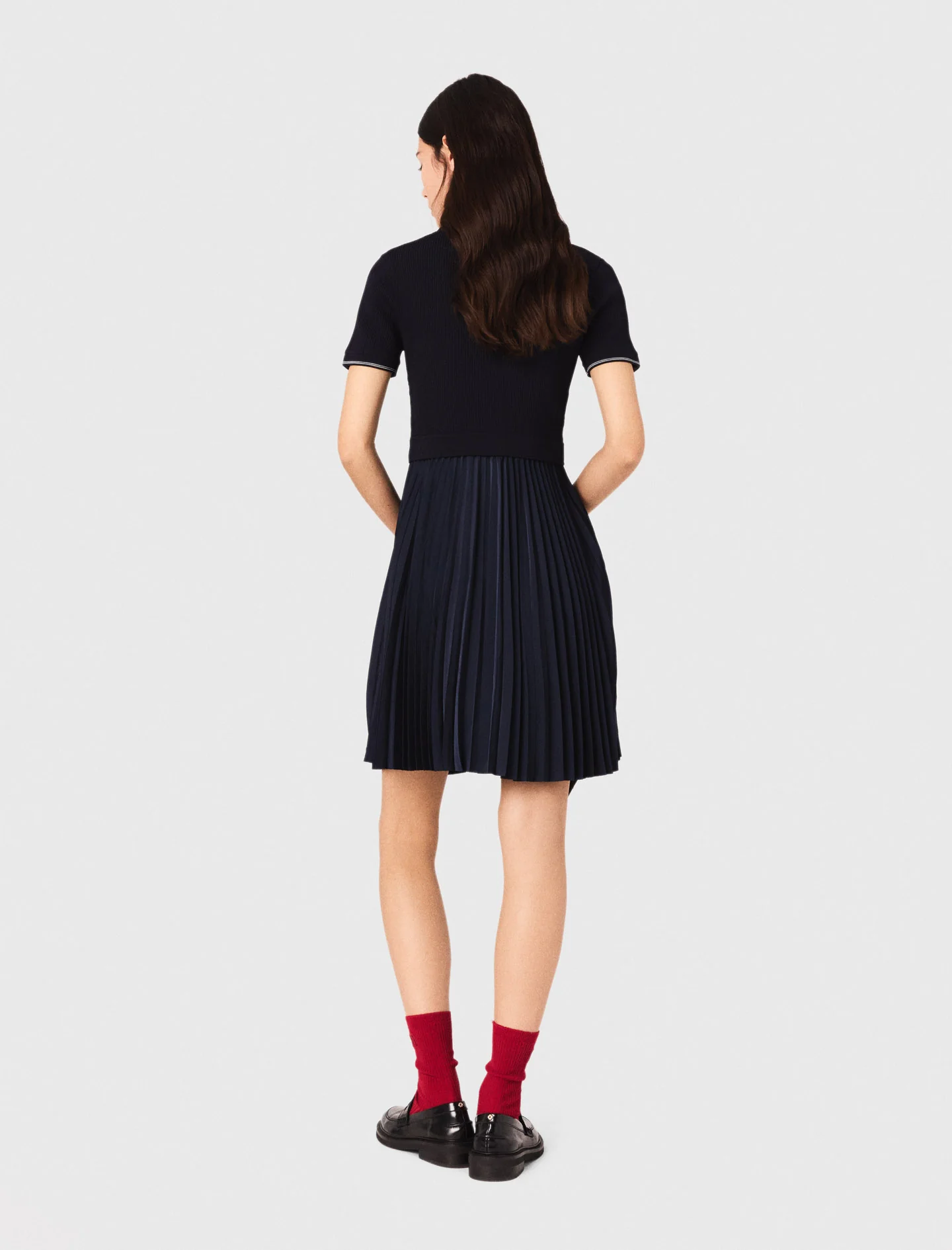Short pleated polo collar dress Navy - Image 3