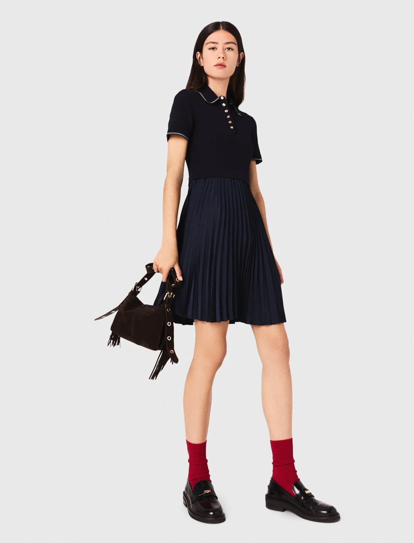 Short pleated polo collar dress Navy - Image 4