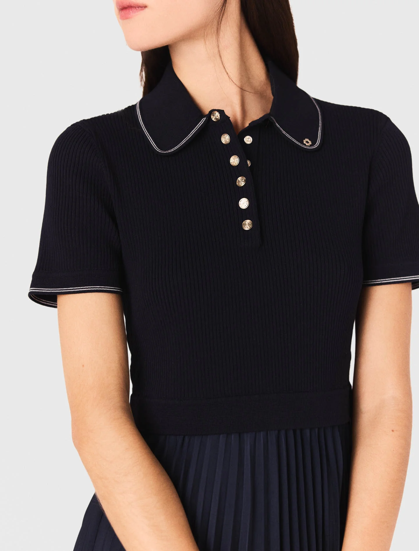Short pleated polo collar dress Navy - Image 5