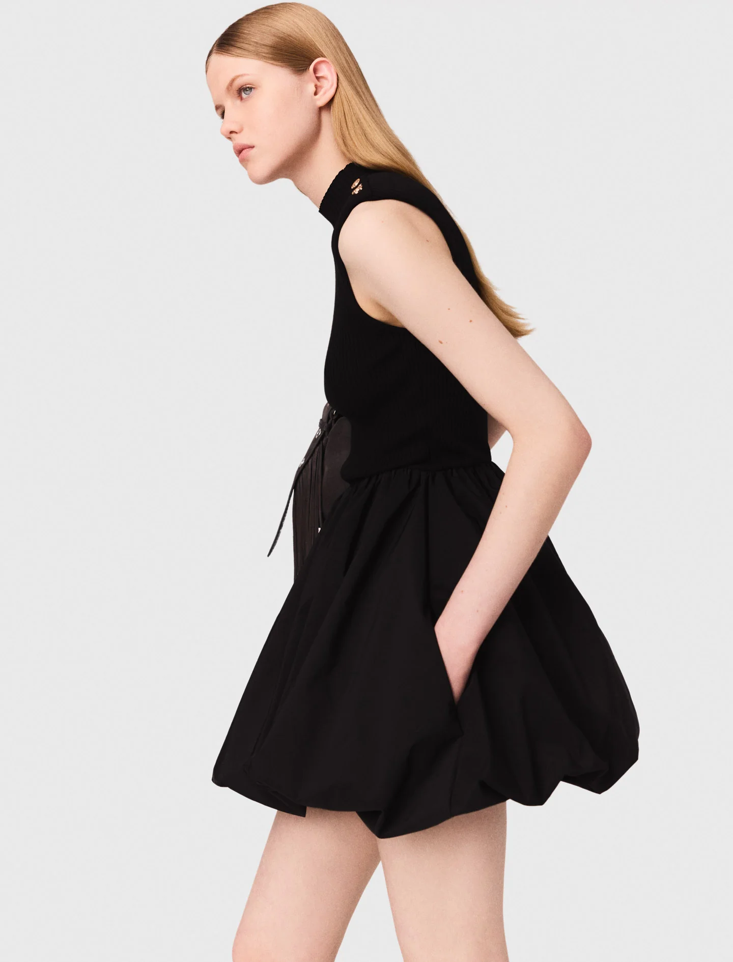 Short mesh and taffeta dress Black - Image 4