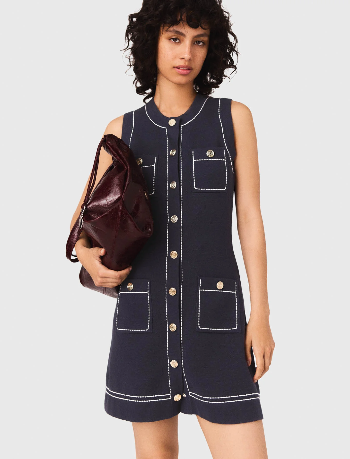 Straight denim dress in stitched knit Navy - Image 4