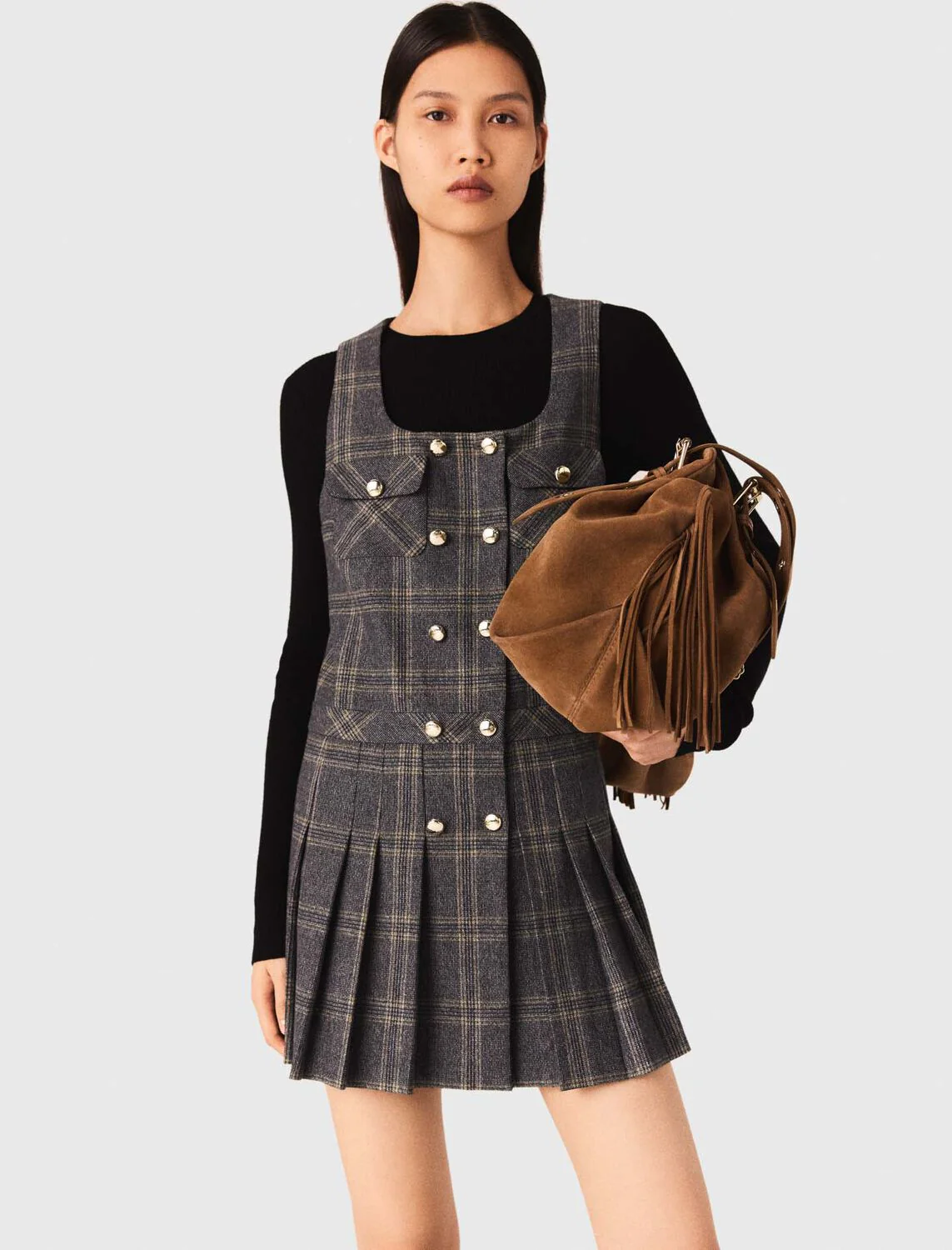 Short pleated checked dress Grey - Image 4