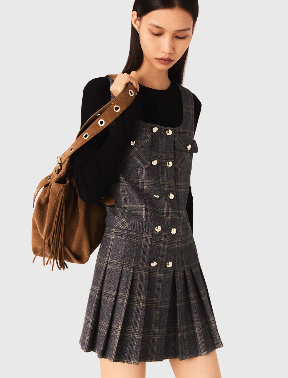 Short pleated checked dress Grey - Image 5