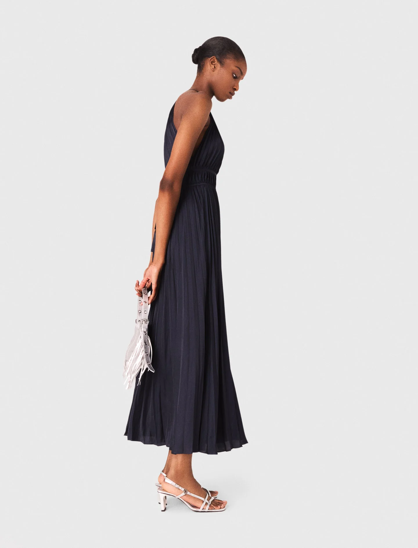 Pleated satin maxi dress Navy - Image 2