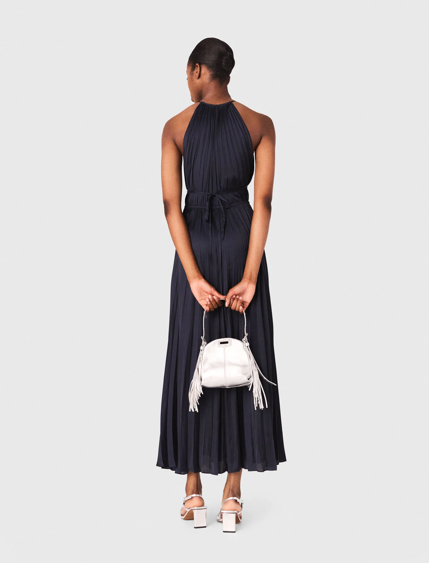 Pleated satin maxi dress Navy - Image 3