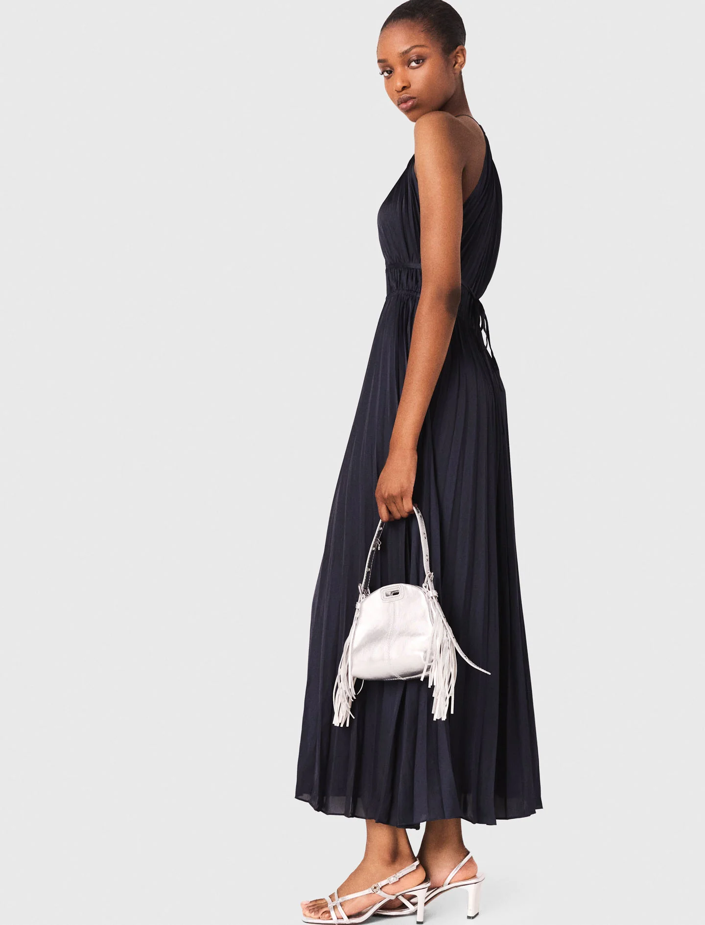 Pleated satin maxi dress Navy - Image 4
