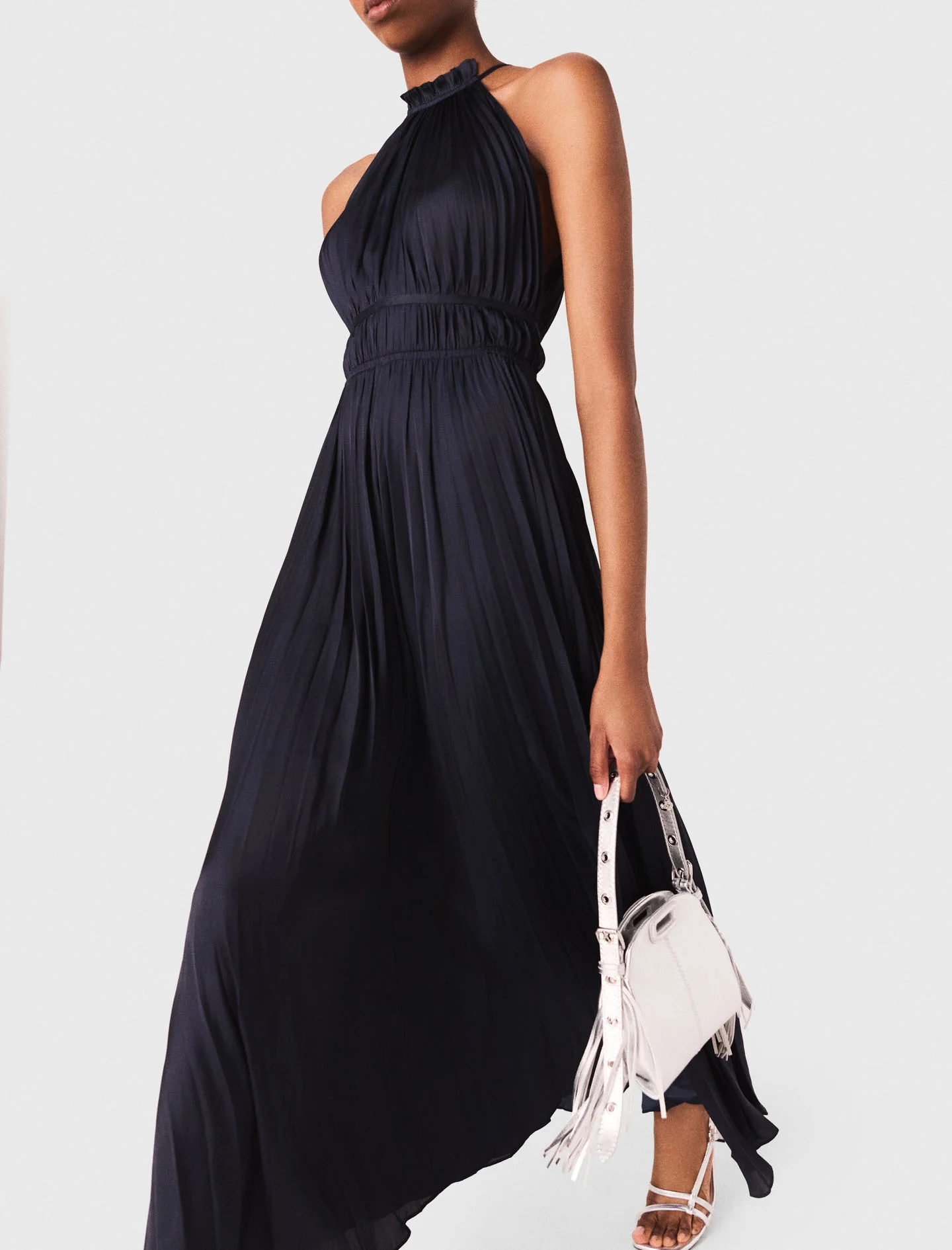Pleated satin maxi dress Navy - Image 5