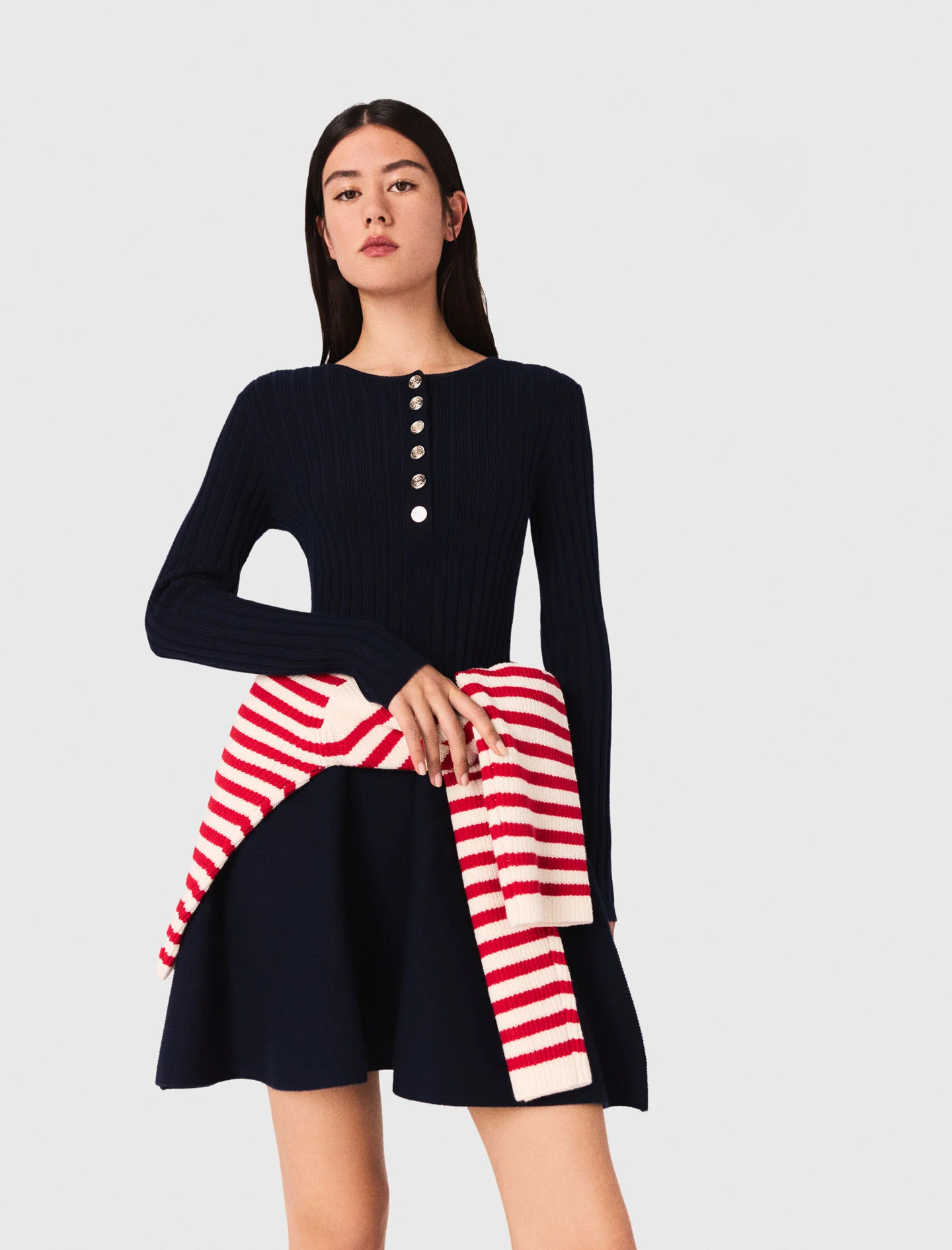 Knit dress with flared skirt Navy - Image 3