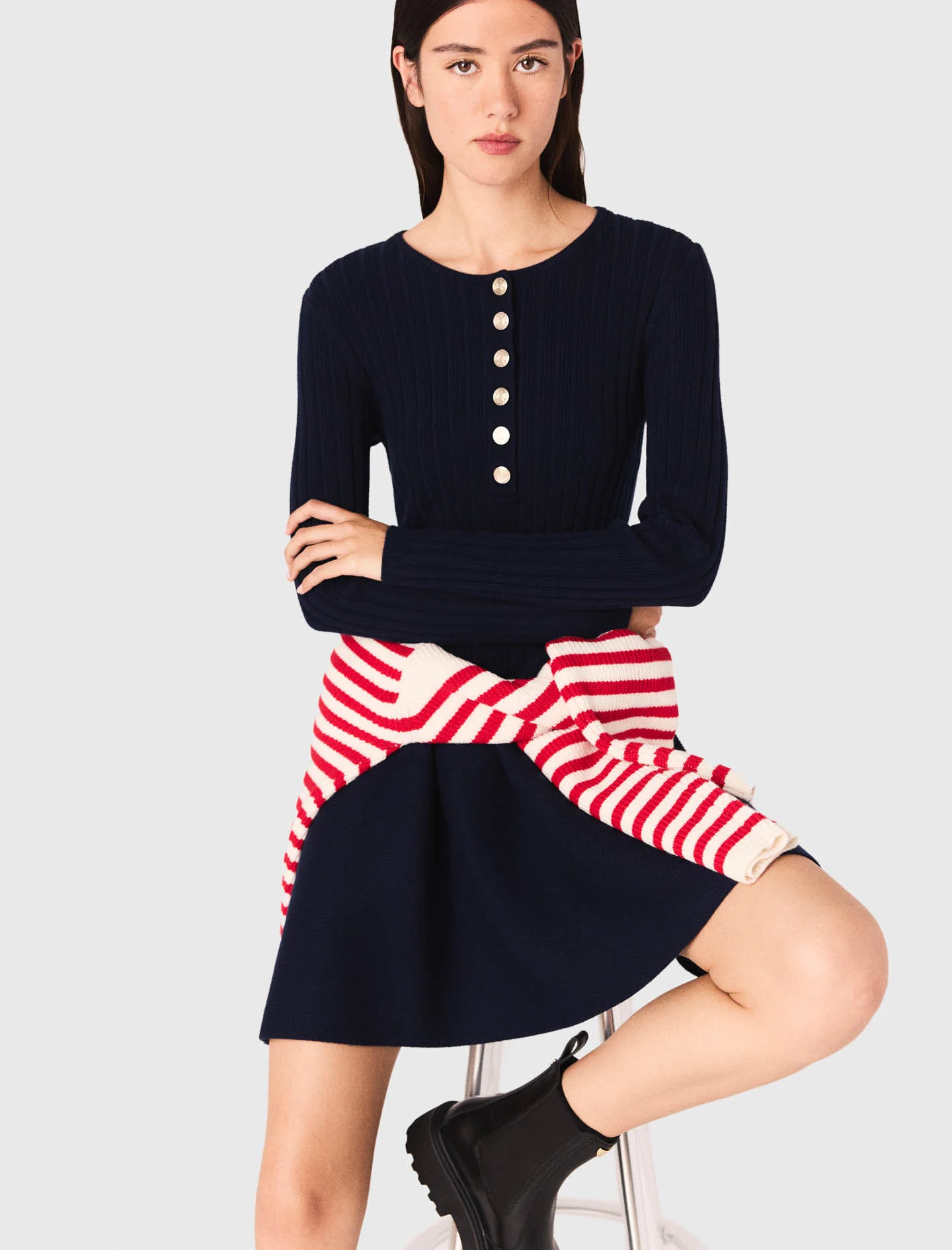 Knit dress with flared skirt Navy - Image 6