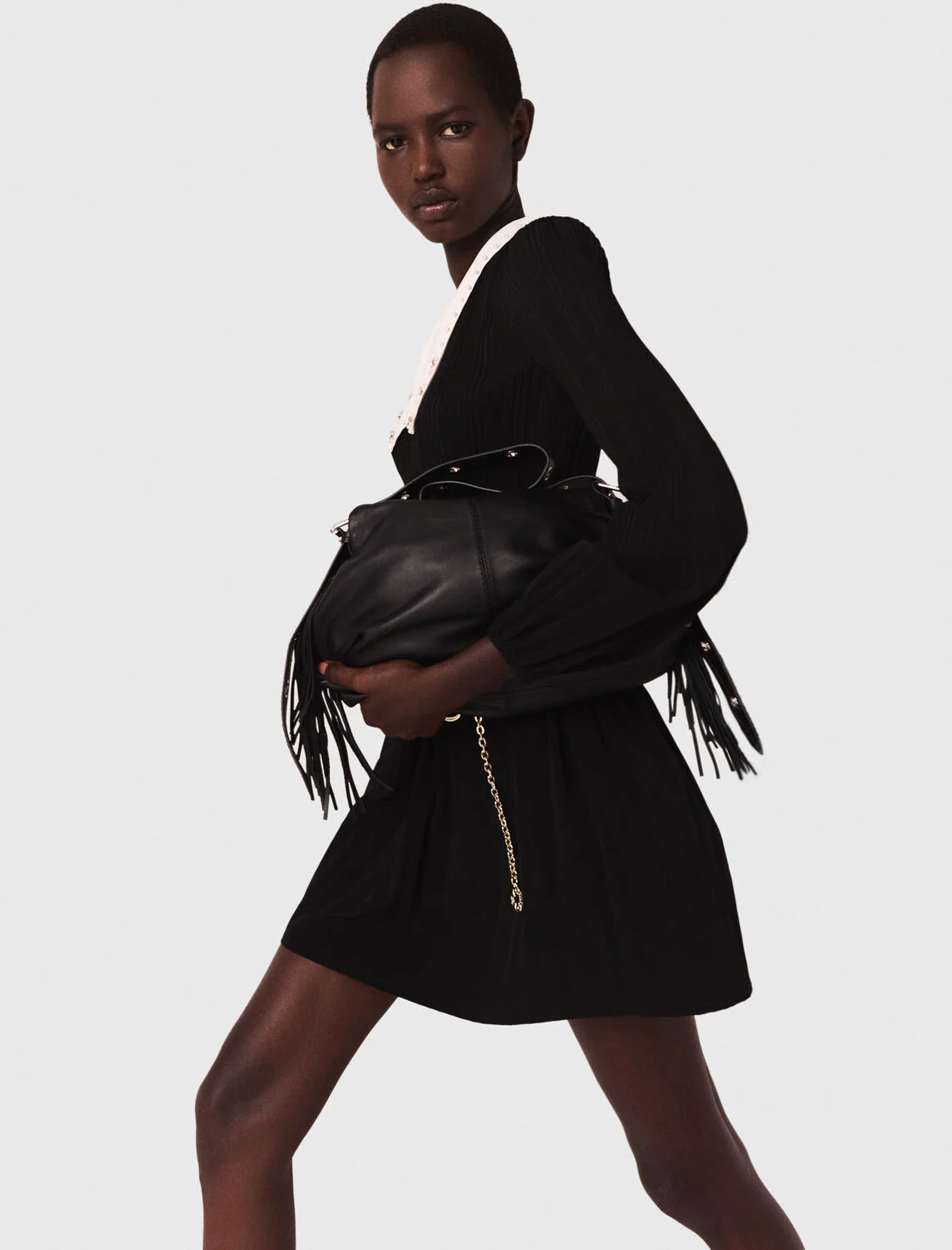 Pleated dress with detachable collar Black - Image 2