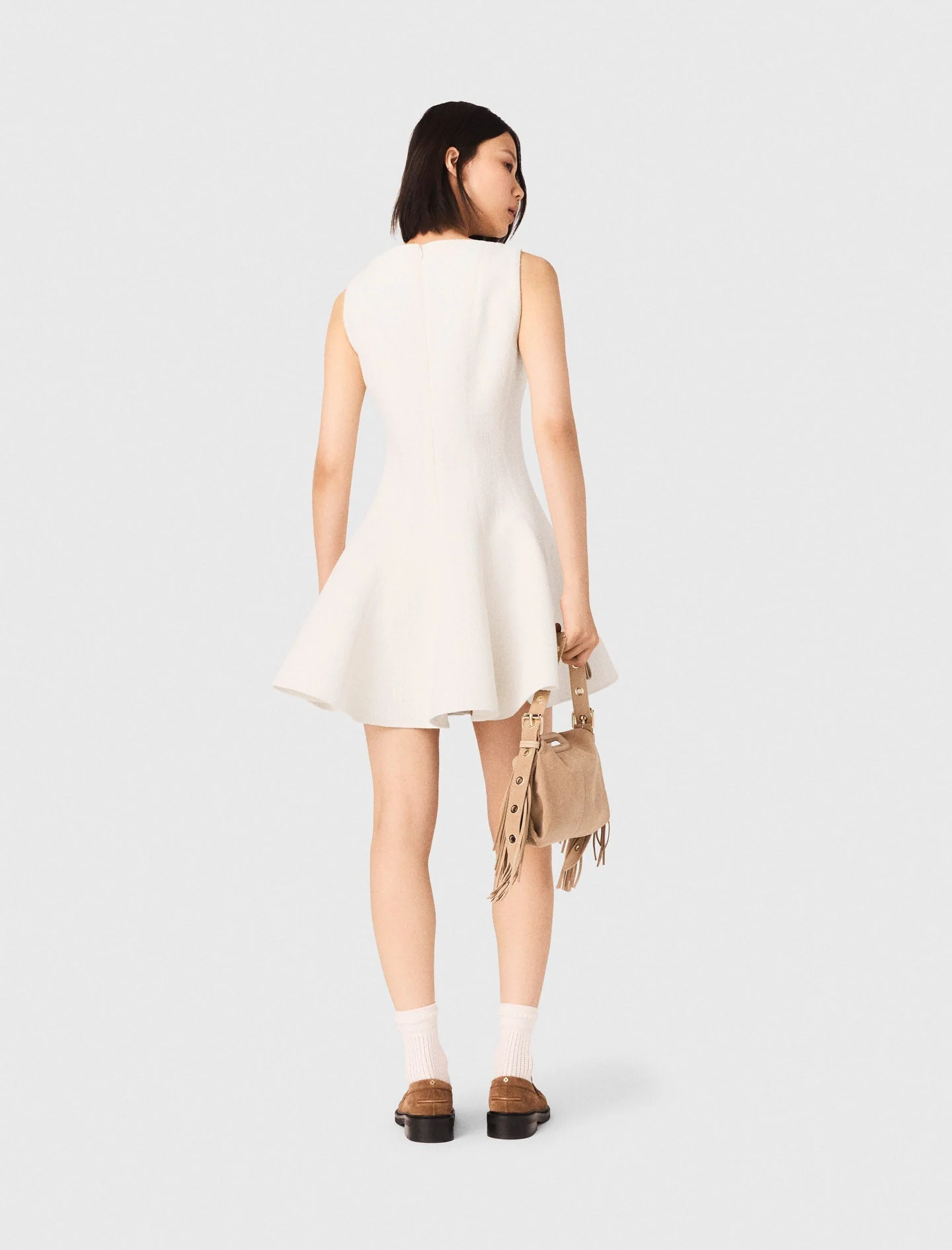 Short Flared Tweed Dress Ecru - Image 4