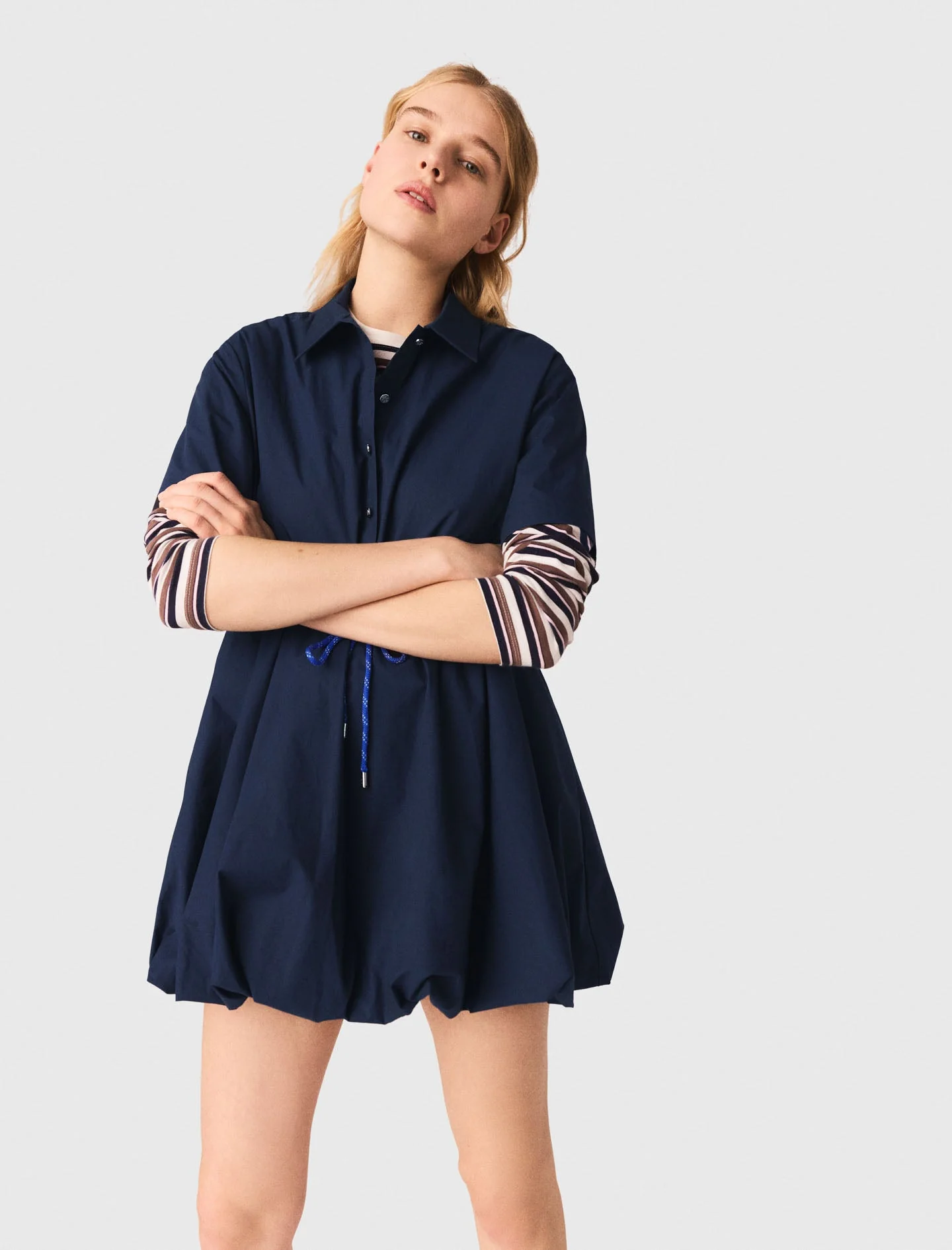 Short-Sleeved Cotton Bubble Dress Navy - Image 6