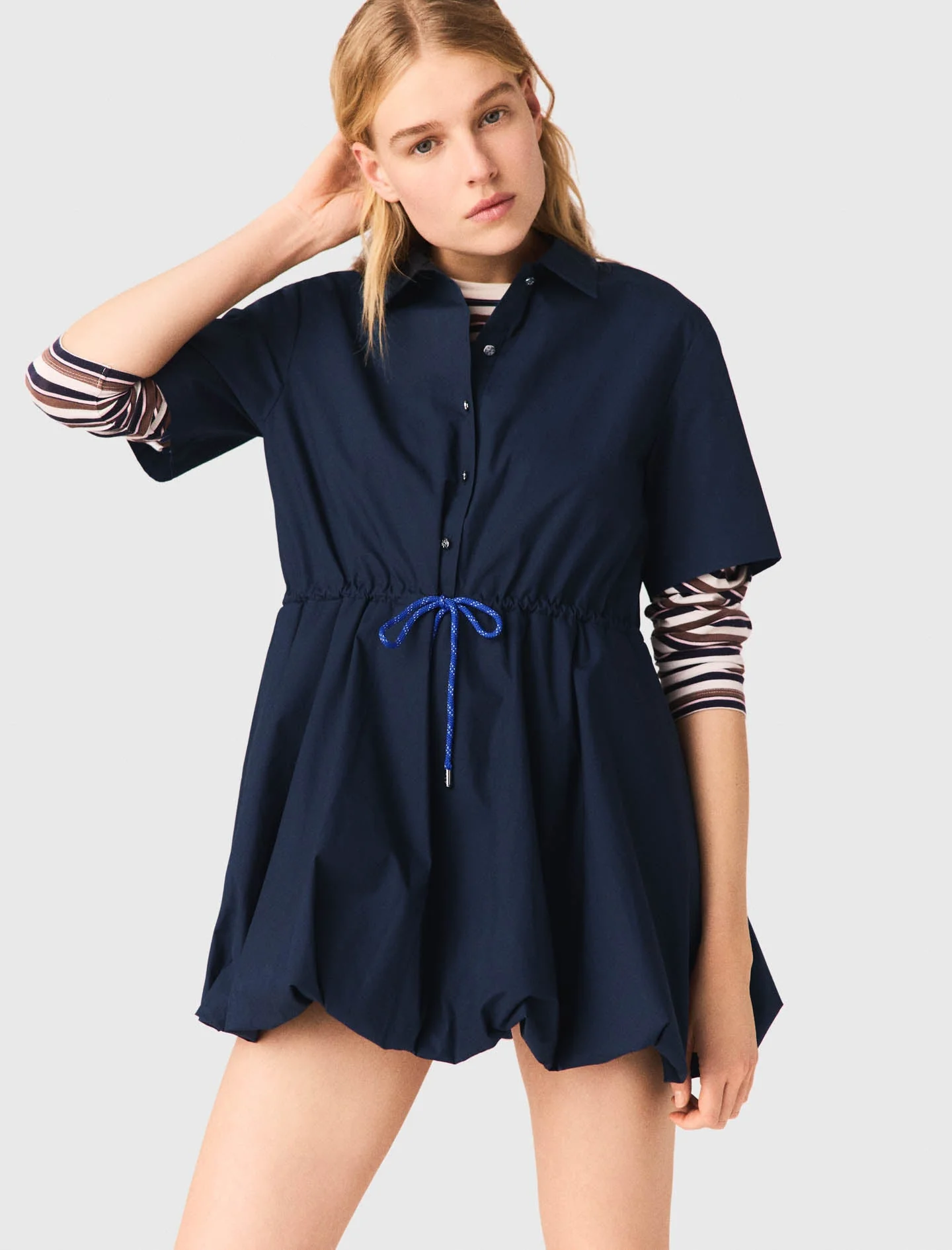 Short-Sleeved Cotton Bubble Dress Navy - Image 7