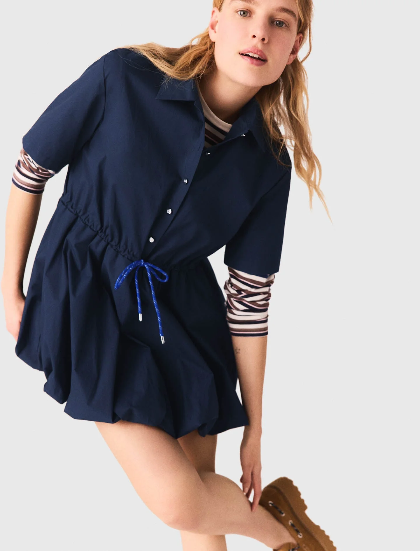 Short-Sleeved Cotton Bubble Dress Navy - Image 8