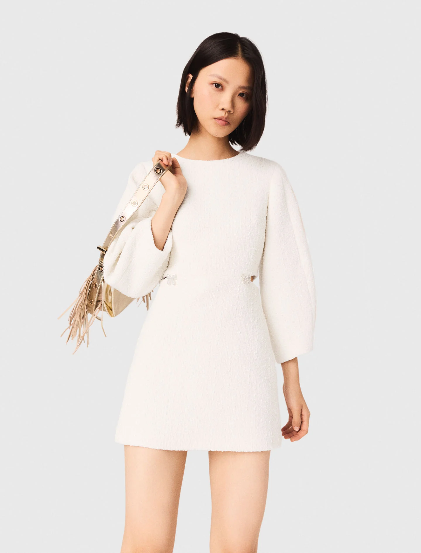 Short Balloon-Sleeve Tweed Dress Ecru - Image 3