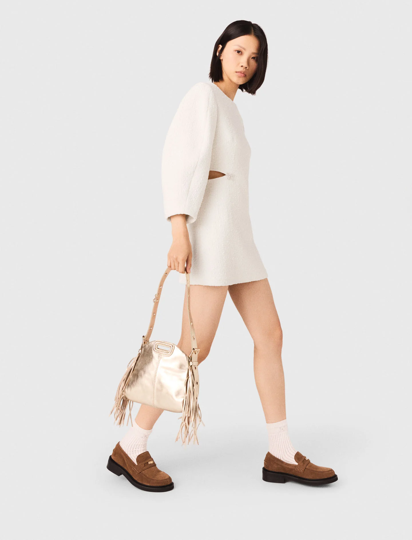 Short Balloon-Sleeve Tweed Dress Ecru - Image 5