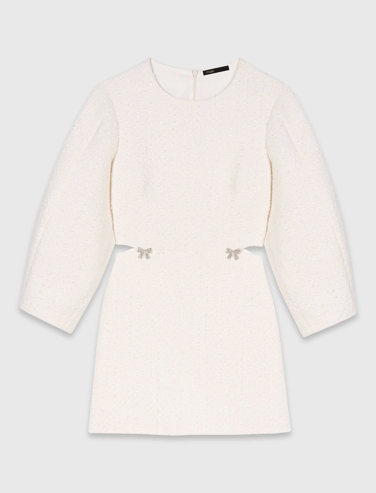 Short Balloon-Sleeve Tweed Dress Ecru - Image 6