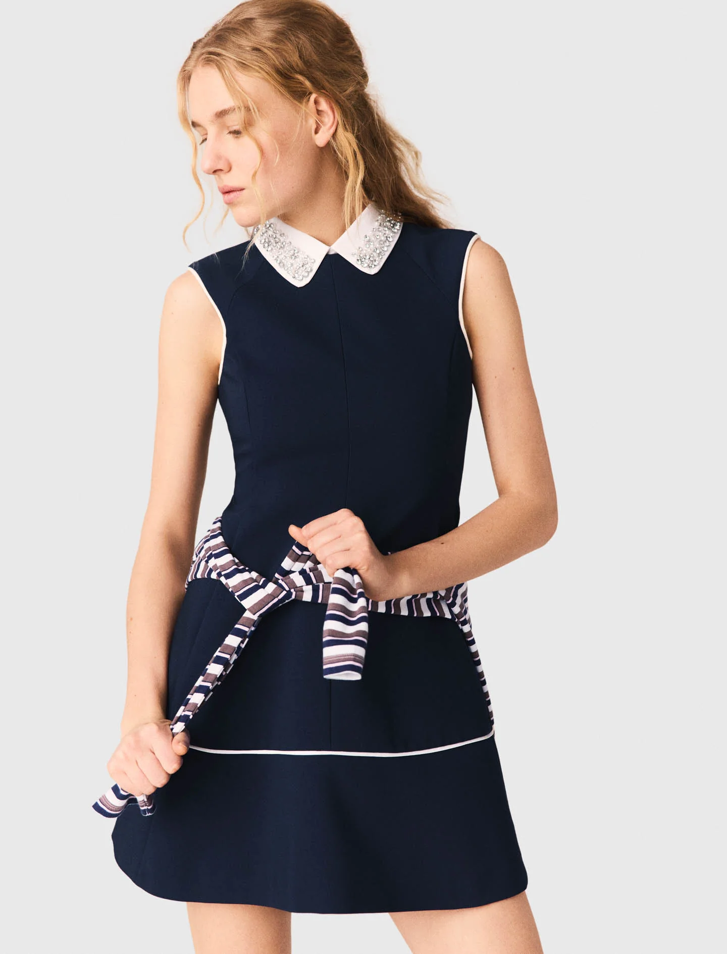 Flared Dress With Contrast Trim Navy - Image 5