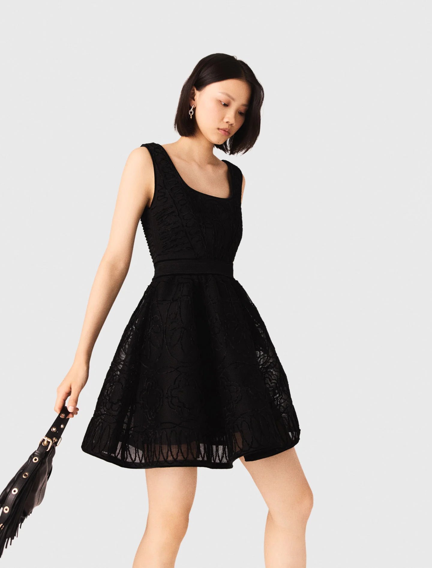 Short Embroidered Basket Knit Dress Black - Image 3