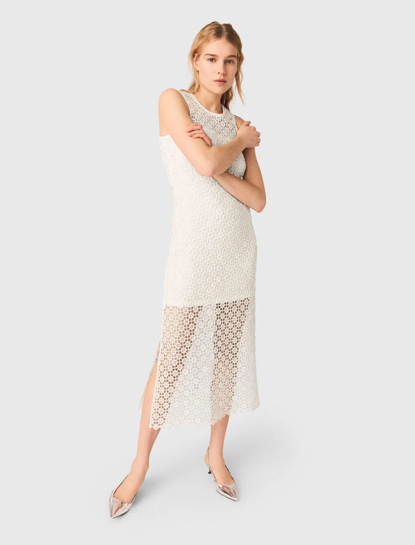 Rhinestone Crochet Maxi Dress White - Image 4