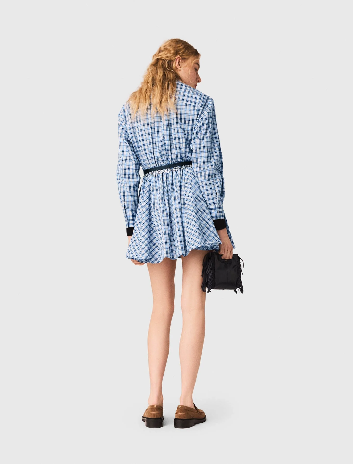 Rhinestone-Trim Cotton Shirt Dress Blue Check Print - Image 3
