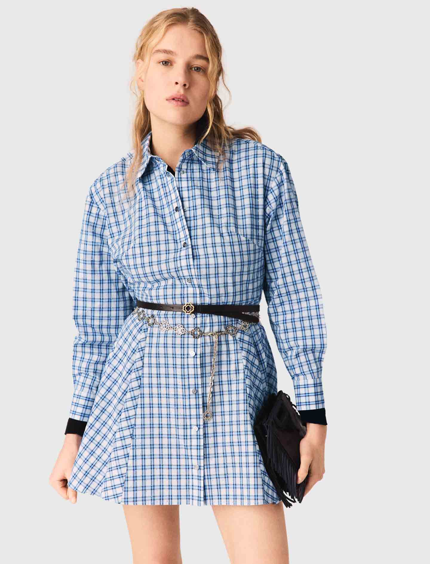 Rhinestone-Trim Cotton Shirt Dress Blue Check Print - Image 4