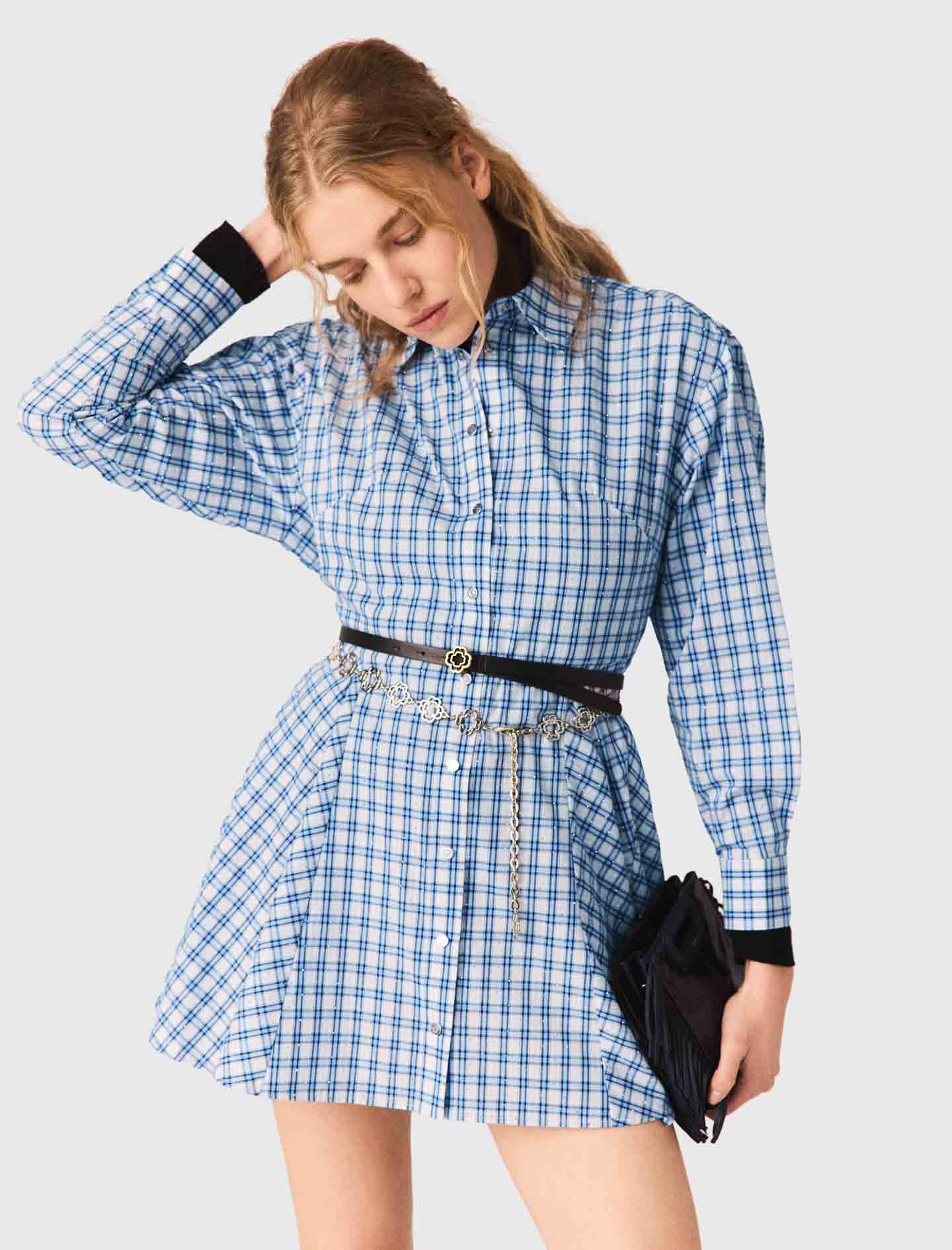 Rhinestone-Trim Cotton Shirt Dress Blue Check Print - Image 5