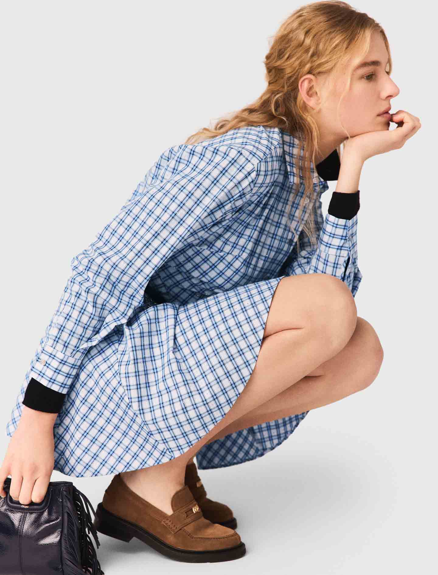 Rhinestone-Trim Cotton Shirt Dress Blue Check Print - Image 6