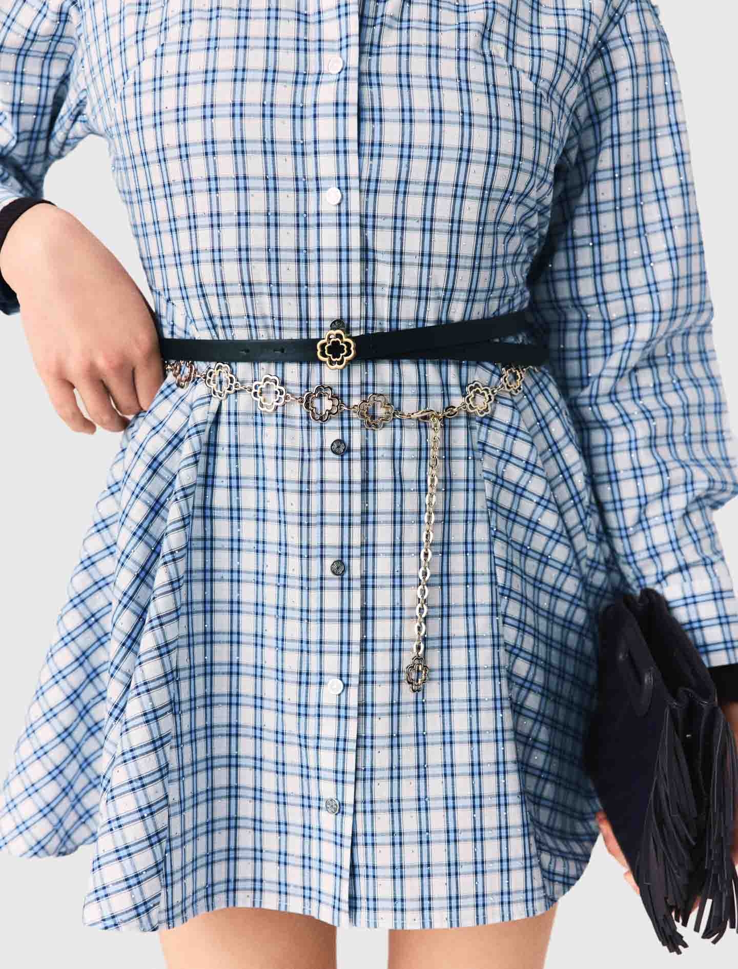 Rhinestone-Trim Cotton Shirt Dress Blue Check Print - Image 7