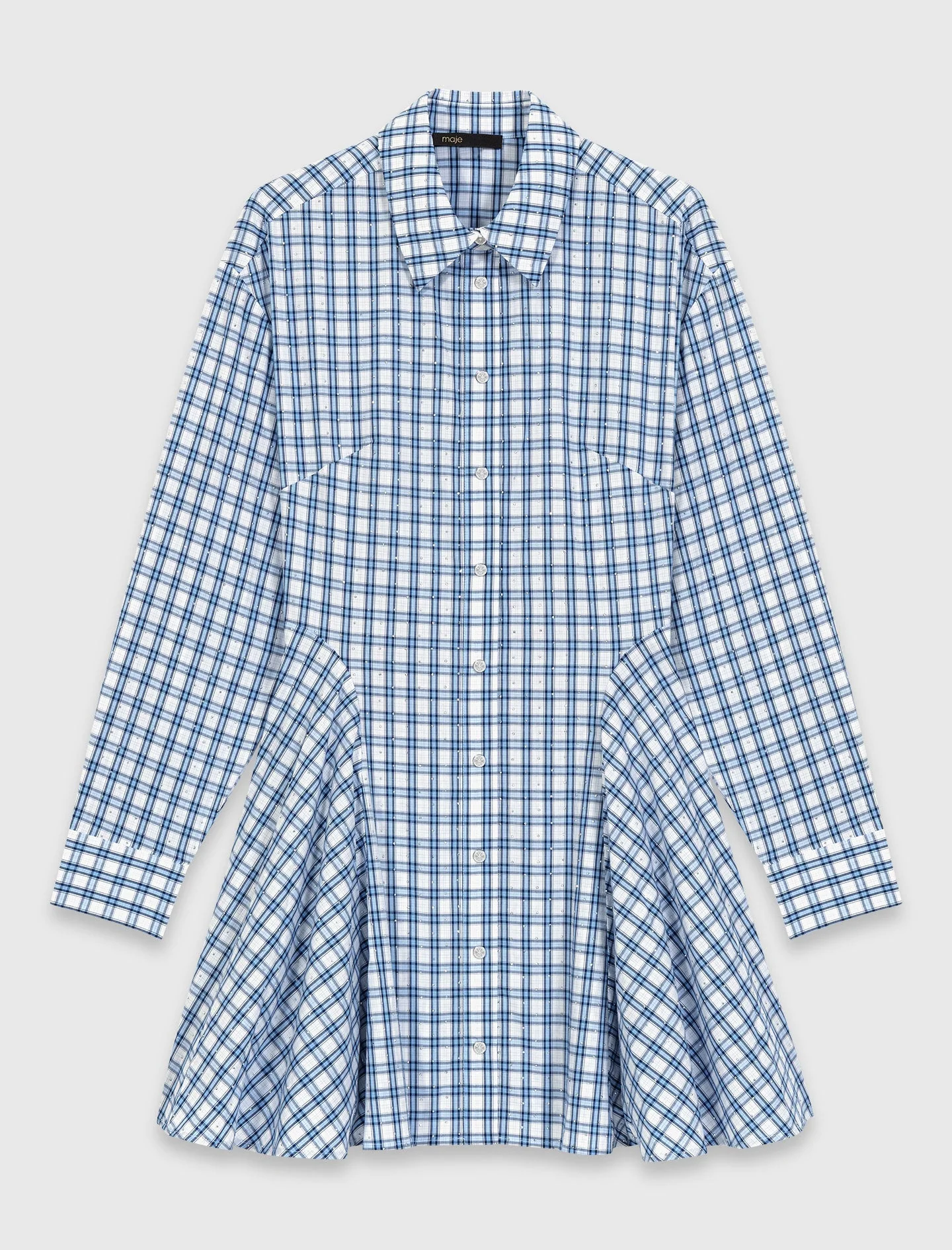 Rhinestone-Trim Cotton Shirt Dress Blue Check Print - Image 8
