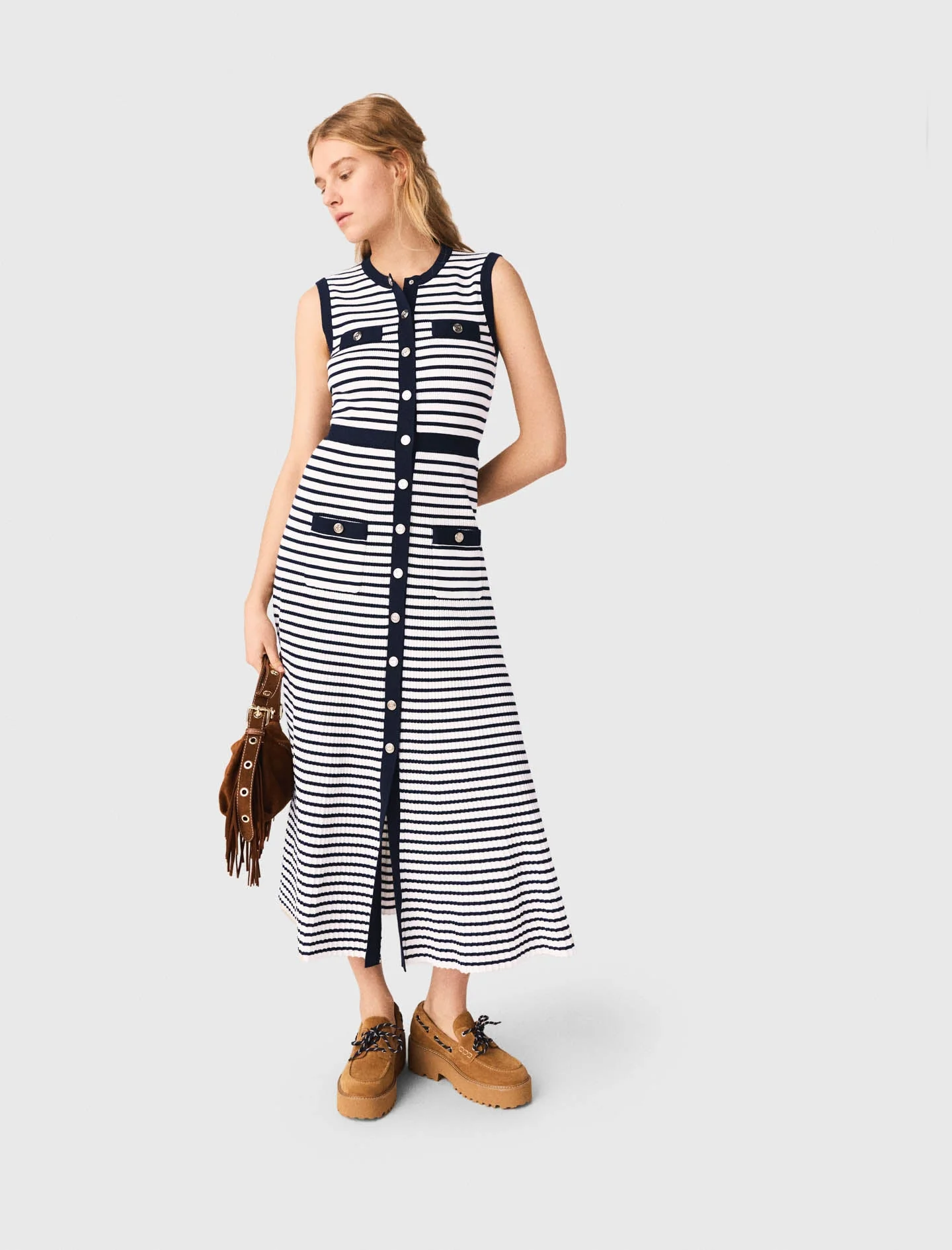 Breton Stripe Knit Maxi Dress Ecru/Navy Blue - Image 4