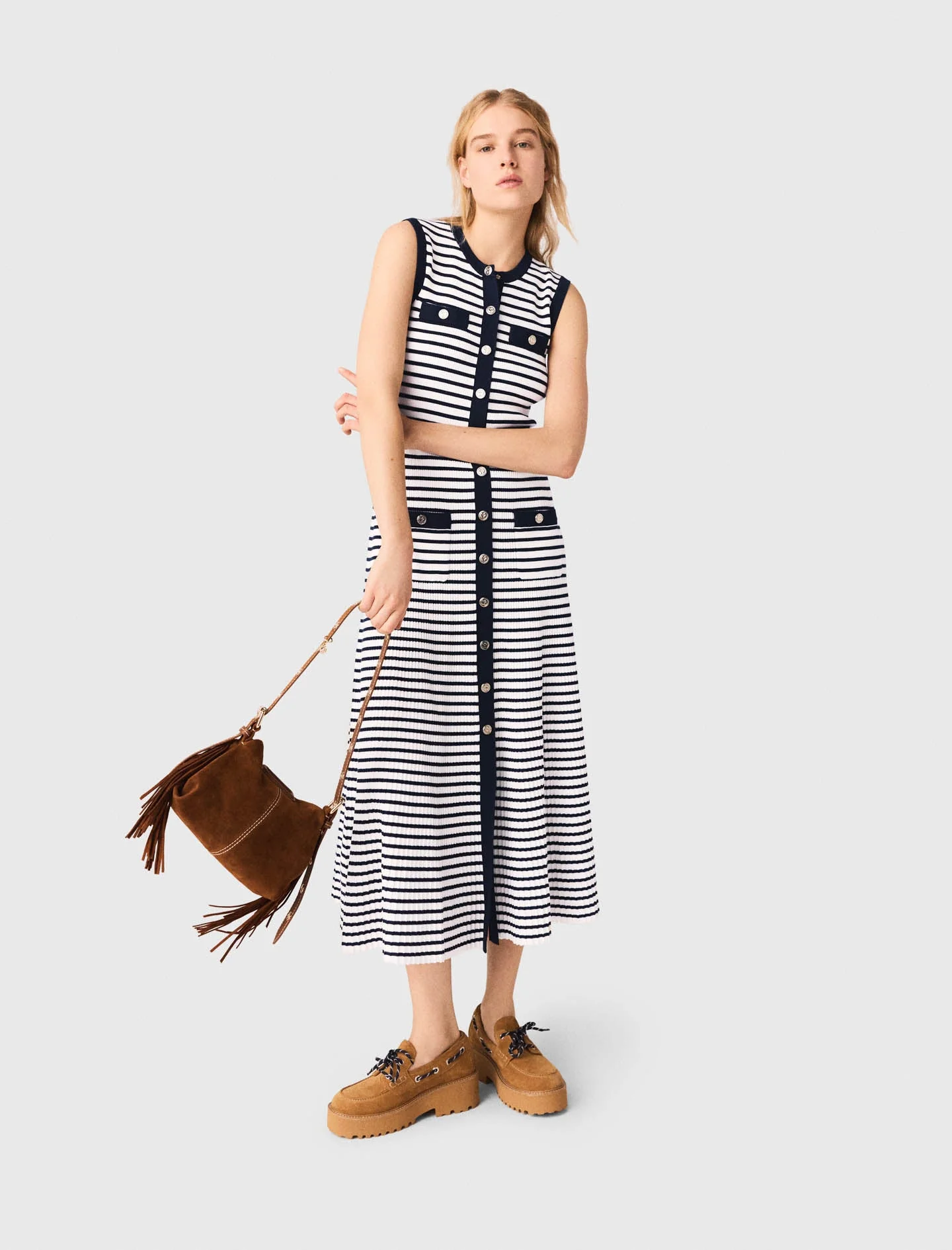 Breton Stripe Knit Maxi Dress Ecru/Navy Blue - Image 5