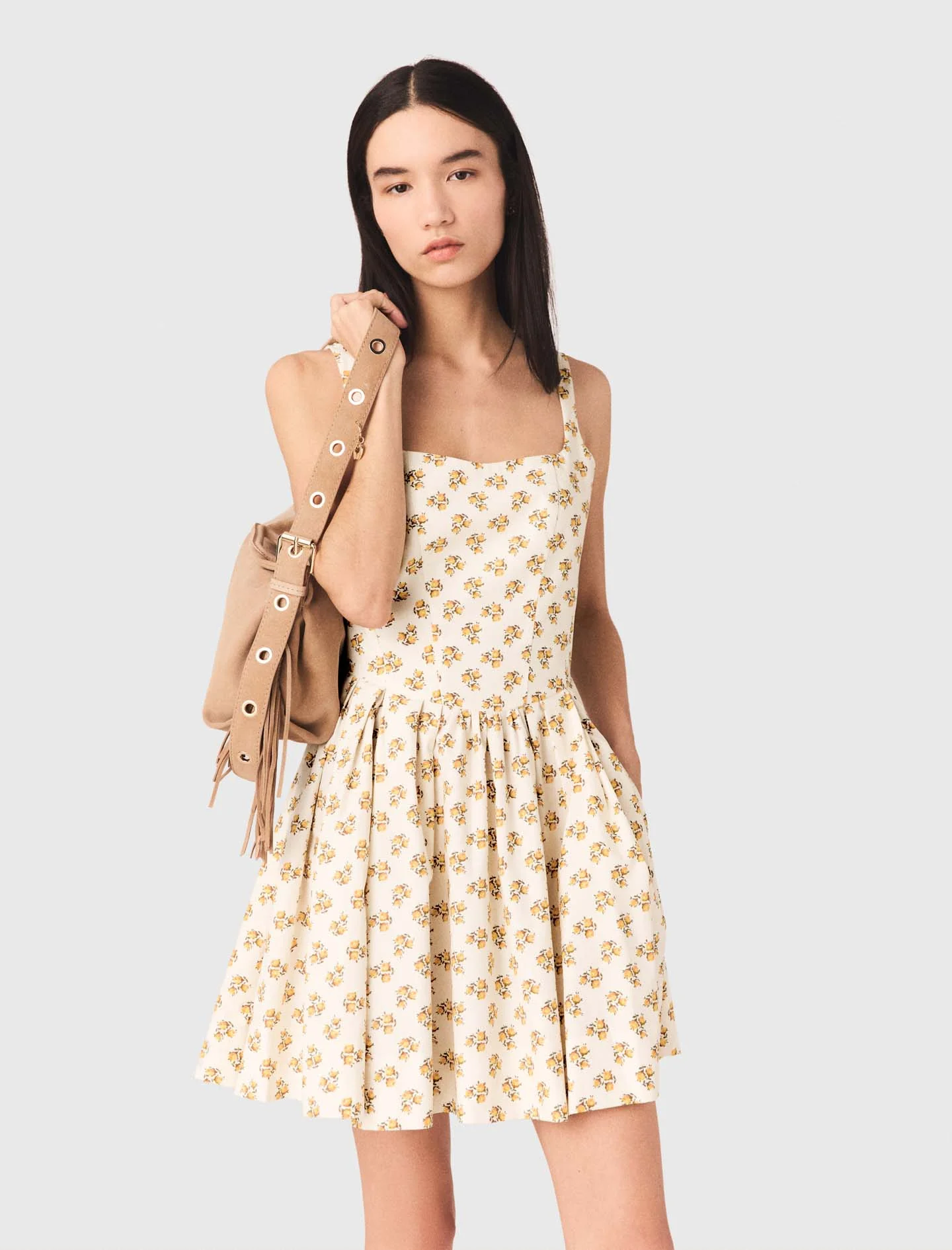 Short Flared Patterned Dress Yellow Small Flowers Print - Image 3