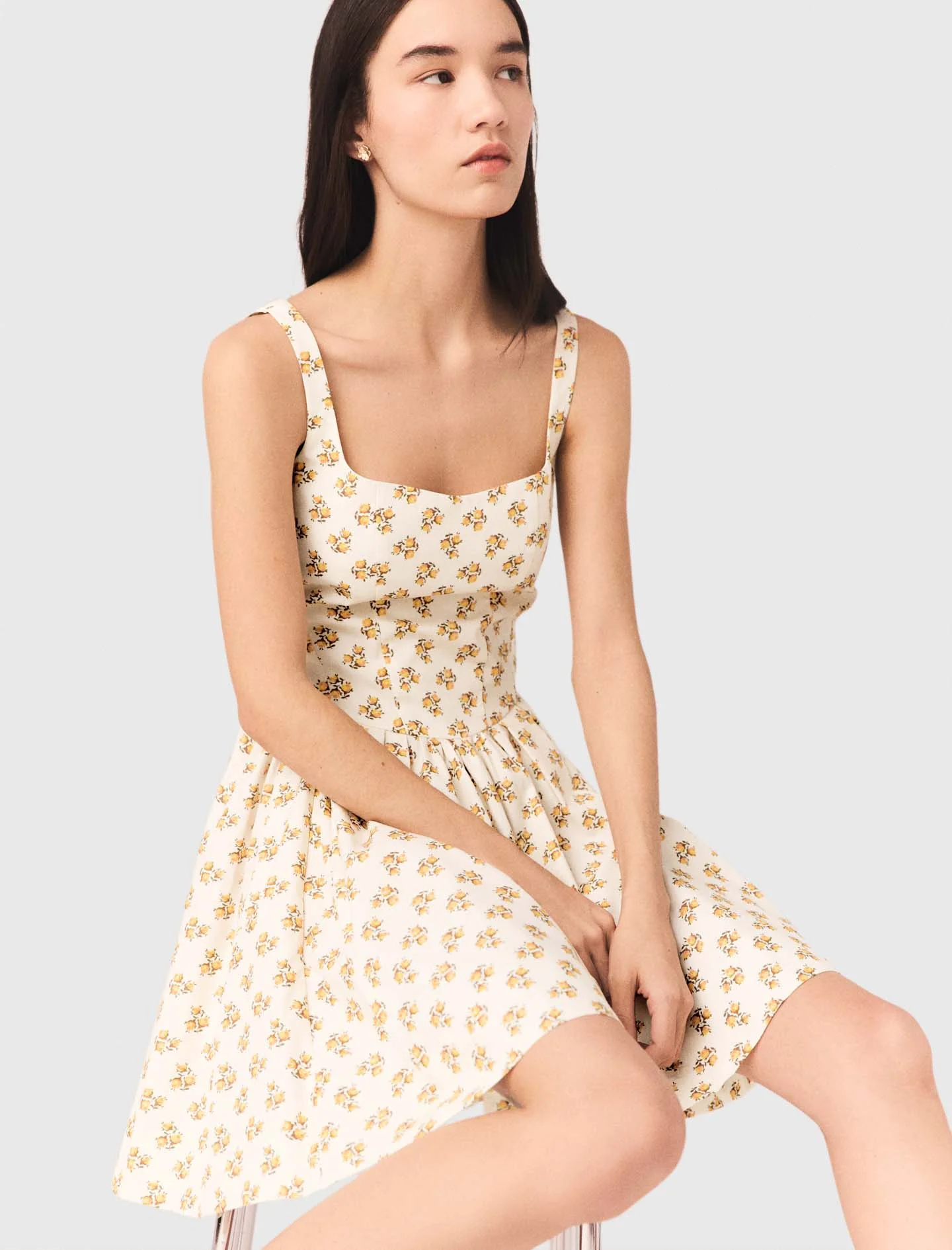 Short Flared Patterned Dress Yellow Small Flowers Print - Image 6