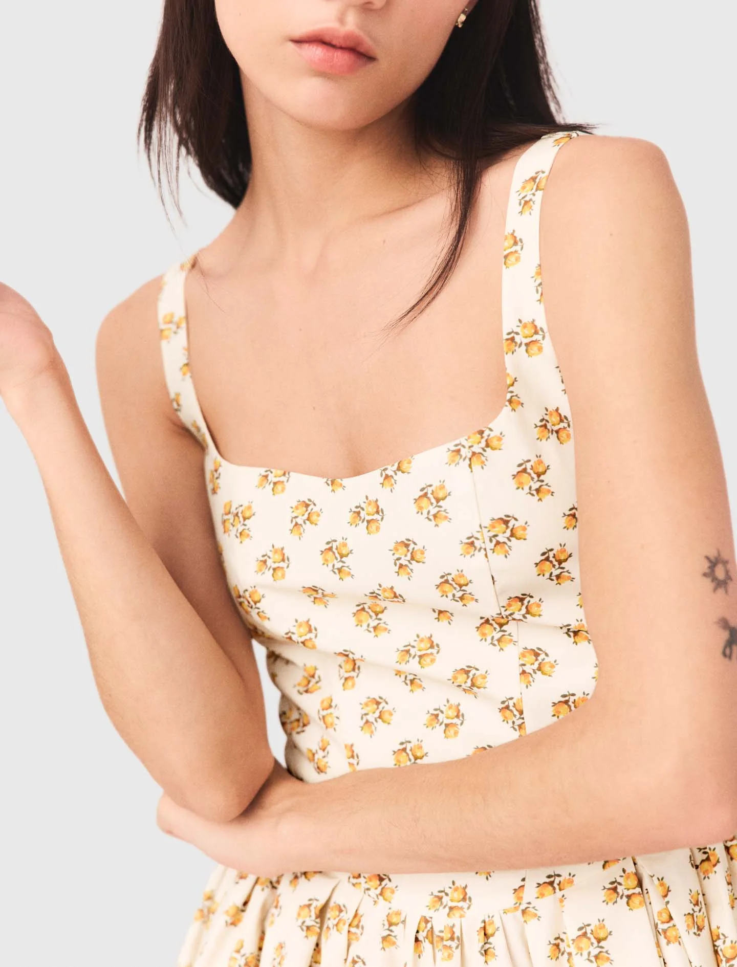 Short Flared Patterned Dress Yellow Small Flowers Print - Image 7
