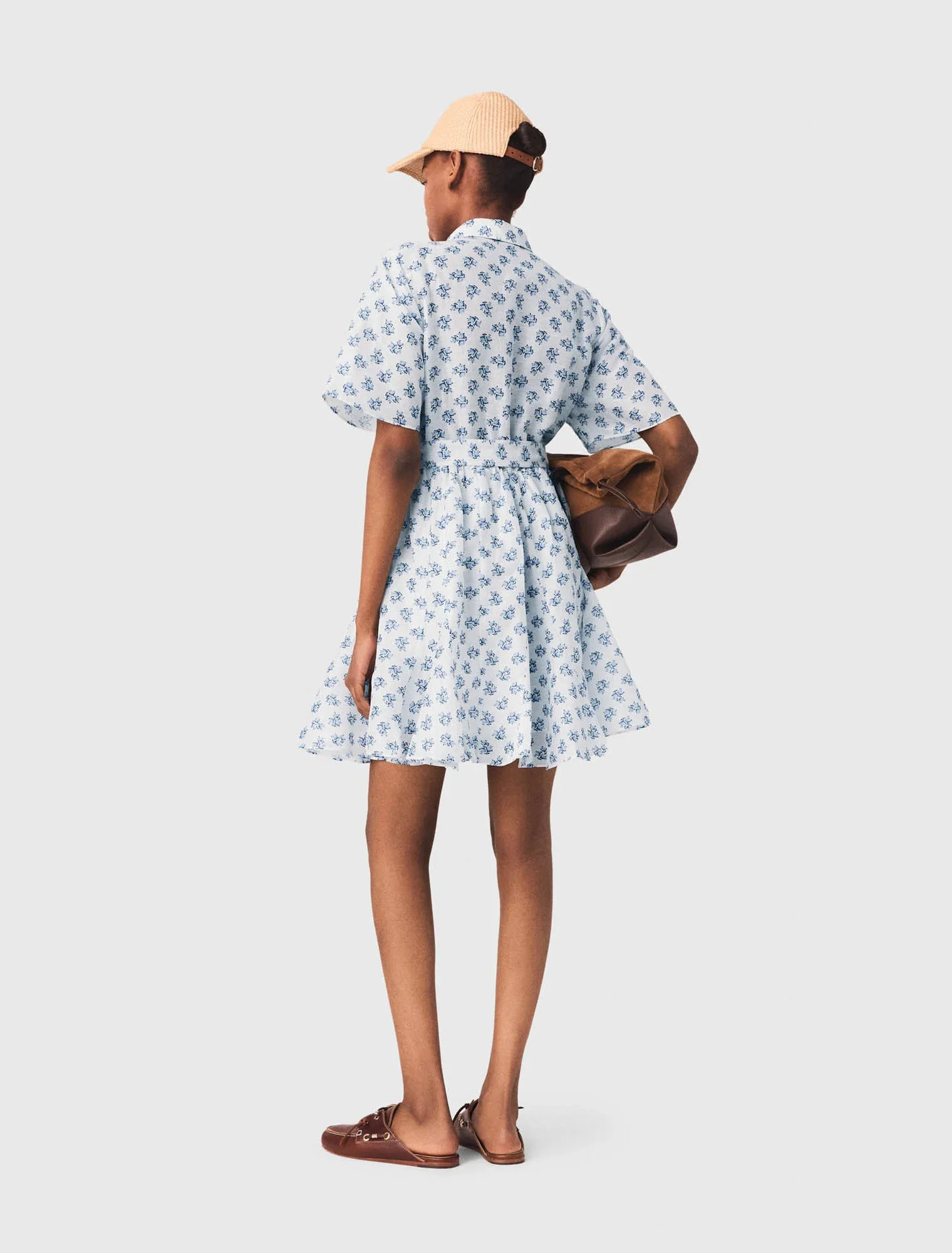 Short Patterned Linen-Blend Dress Blue Small Flowers Print - Image 3