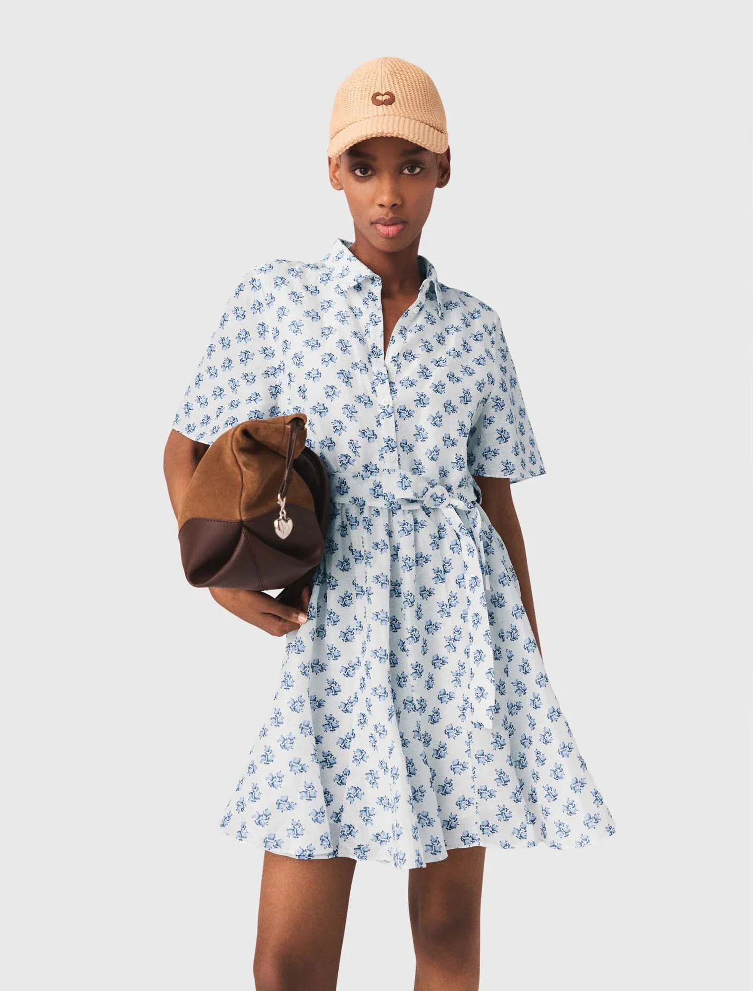 Short Patterned Linen-Blend Dress Blue Small Flowers Print - Image 4