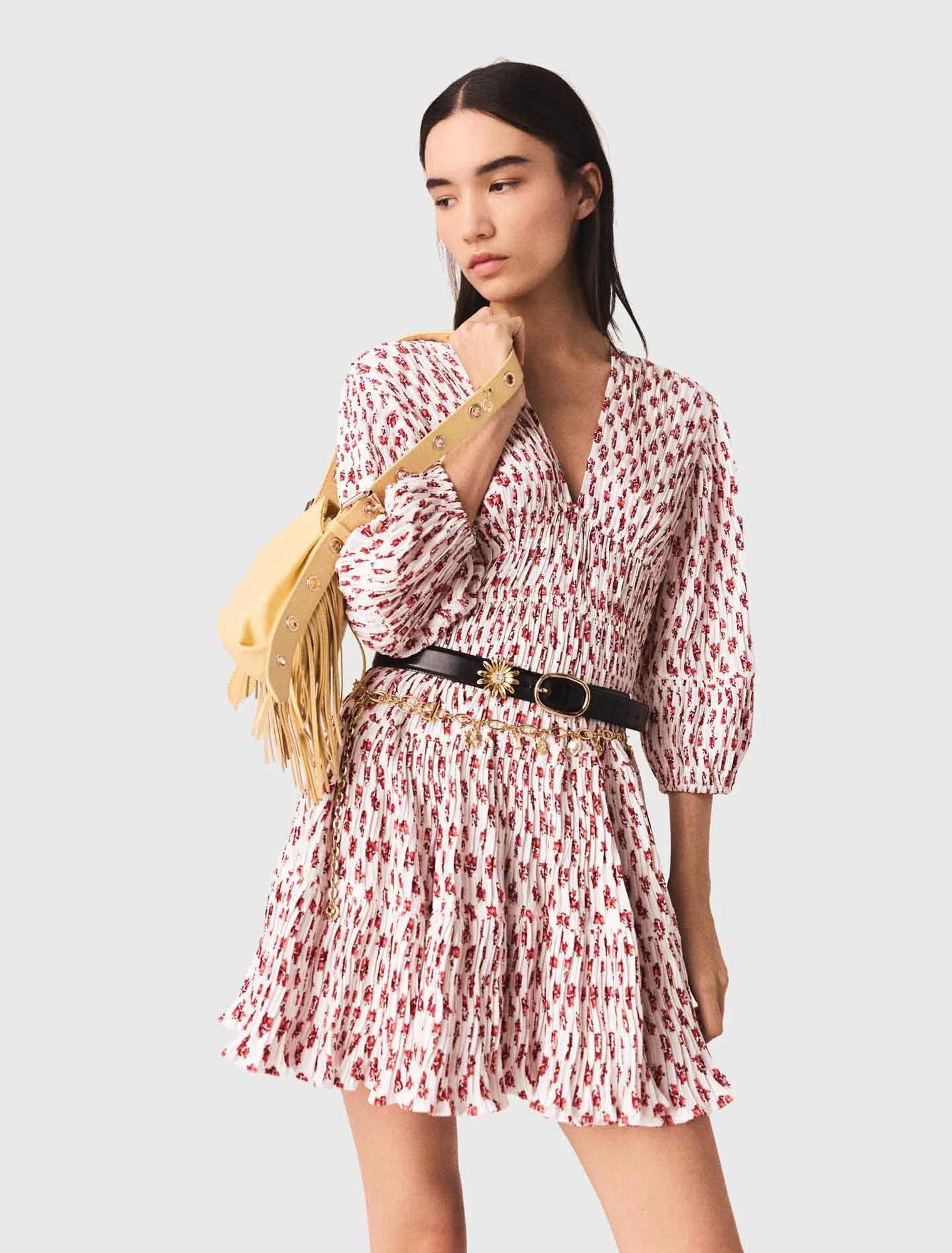 Patterned Pleated Dress Red Small Flowers Print - Image 4
