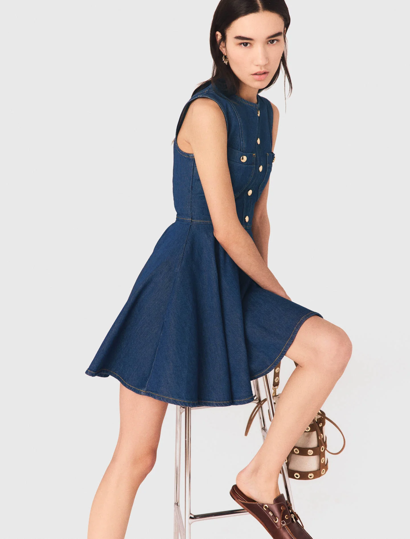 Short Flared Denim Dress Navy - Image 5