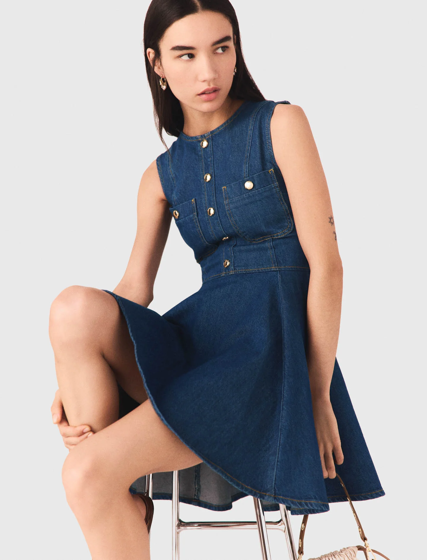 Short Flared Denim Dress Navy - Image 6