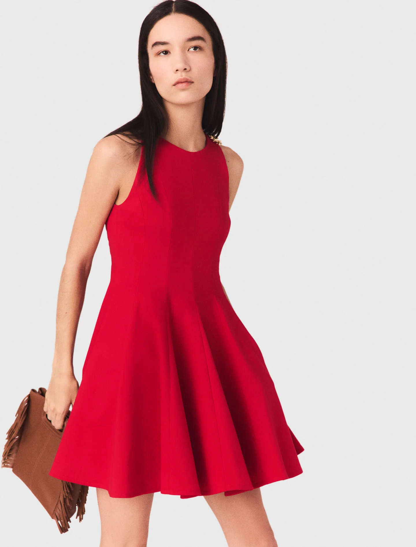 Short Flared Linen-Blend Dress Red - Image 3