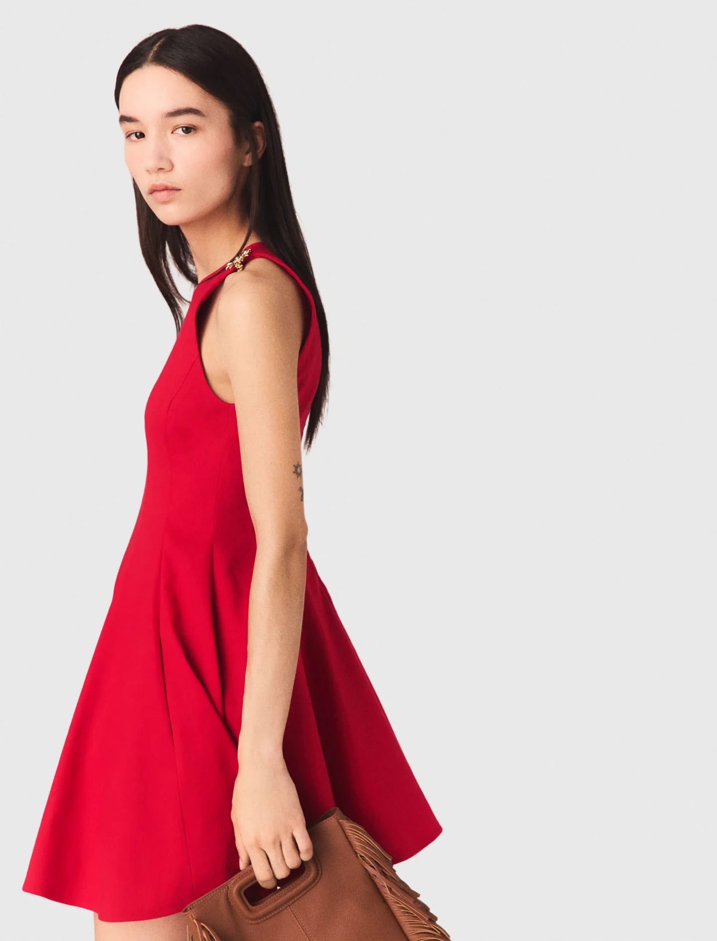 Short Flared Linen-Blend Dress Red - Image 4