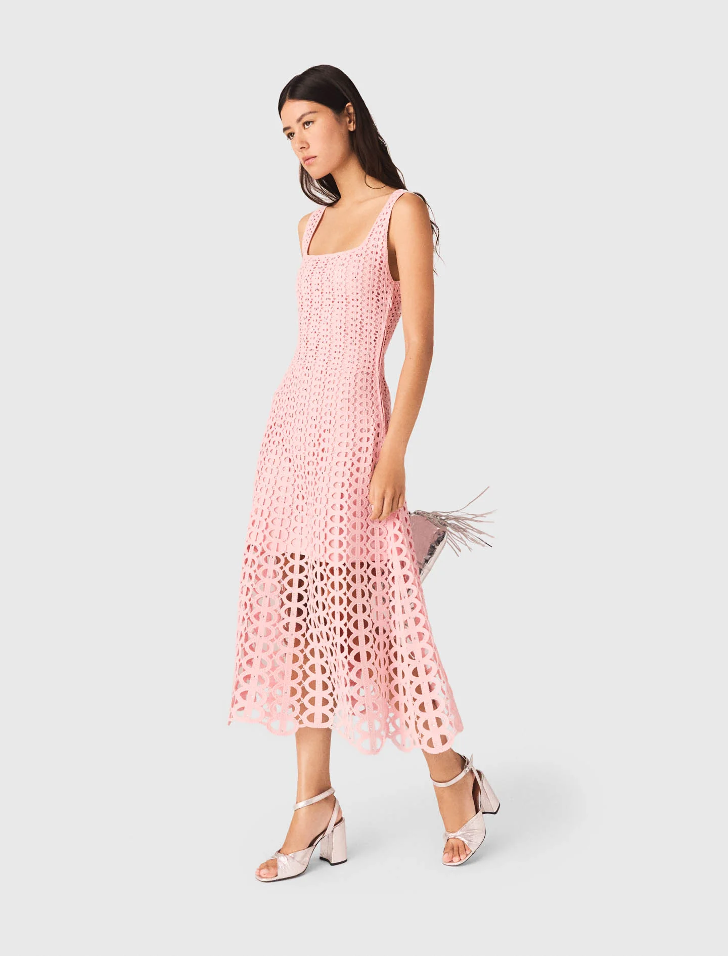 Rhinestone Crochet Midi Dress Pink - Image 3