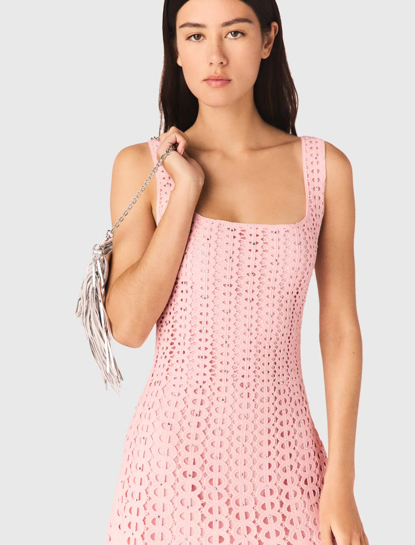 Rhinestone Crochet Midi Dress Pink - Image 4