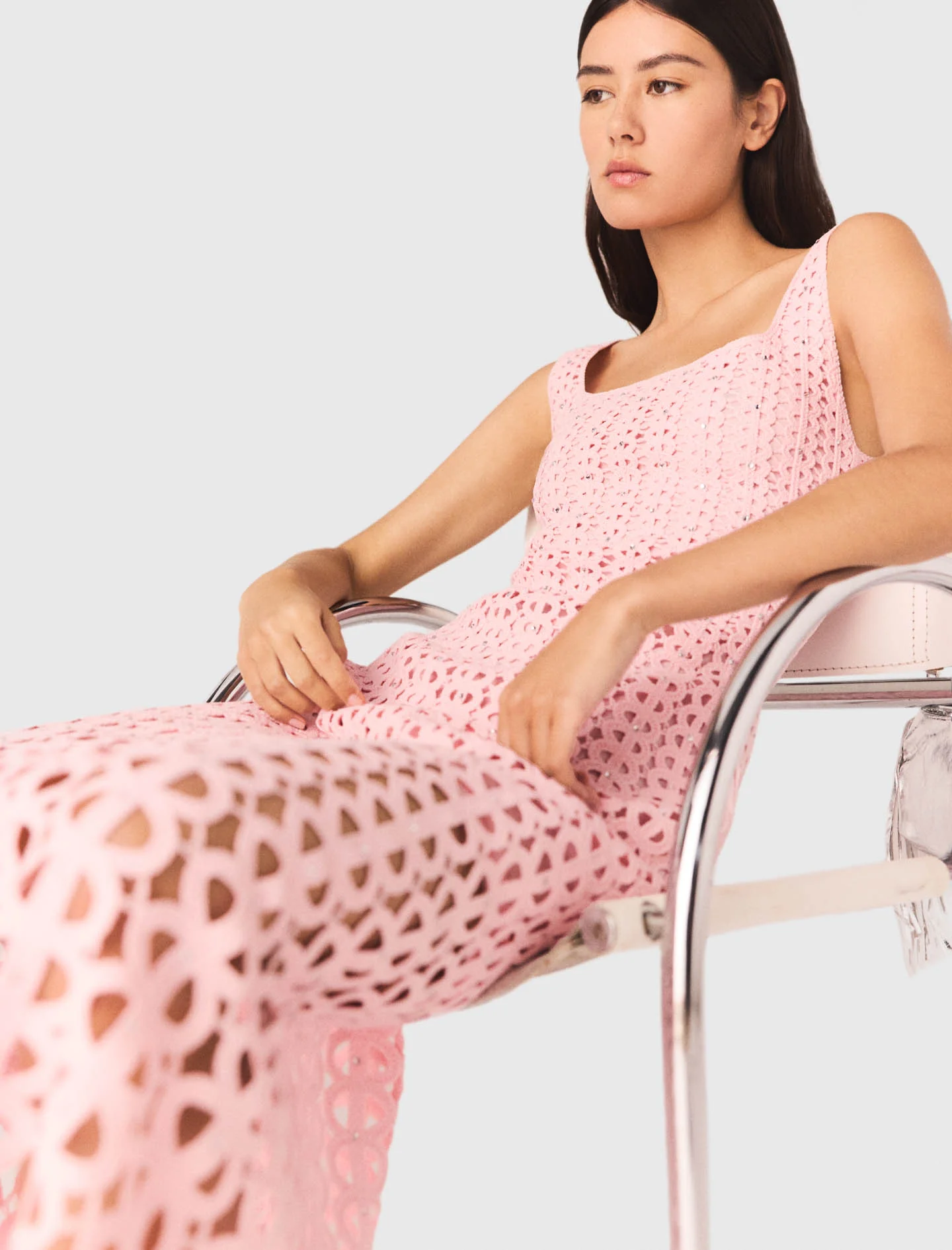 Rhinestone Crochet Midi Dress Pink - Image 6