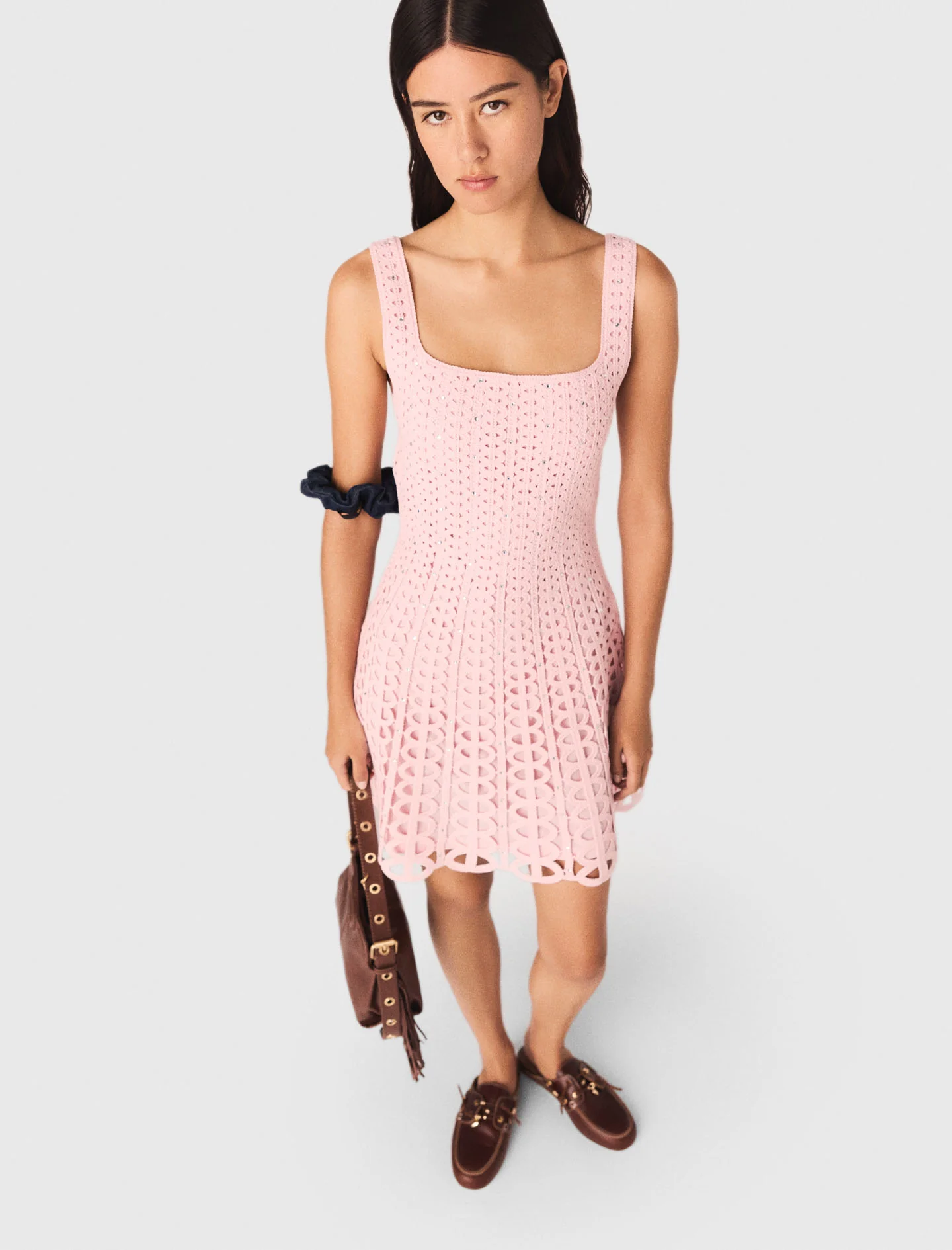 Short Rhinestone Crochet Dress Pink - Image 4